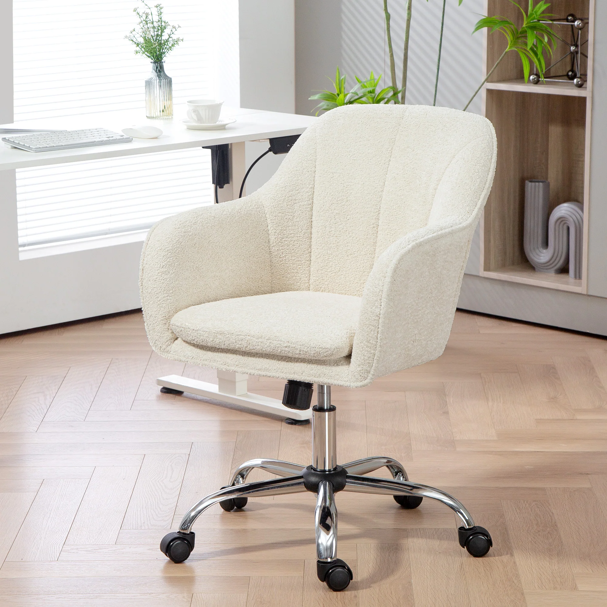 Velvet-Feel Office Chair, Swivel Rolling Makeup Vanity Chair with Tub Back, Beige - Image 4