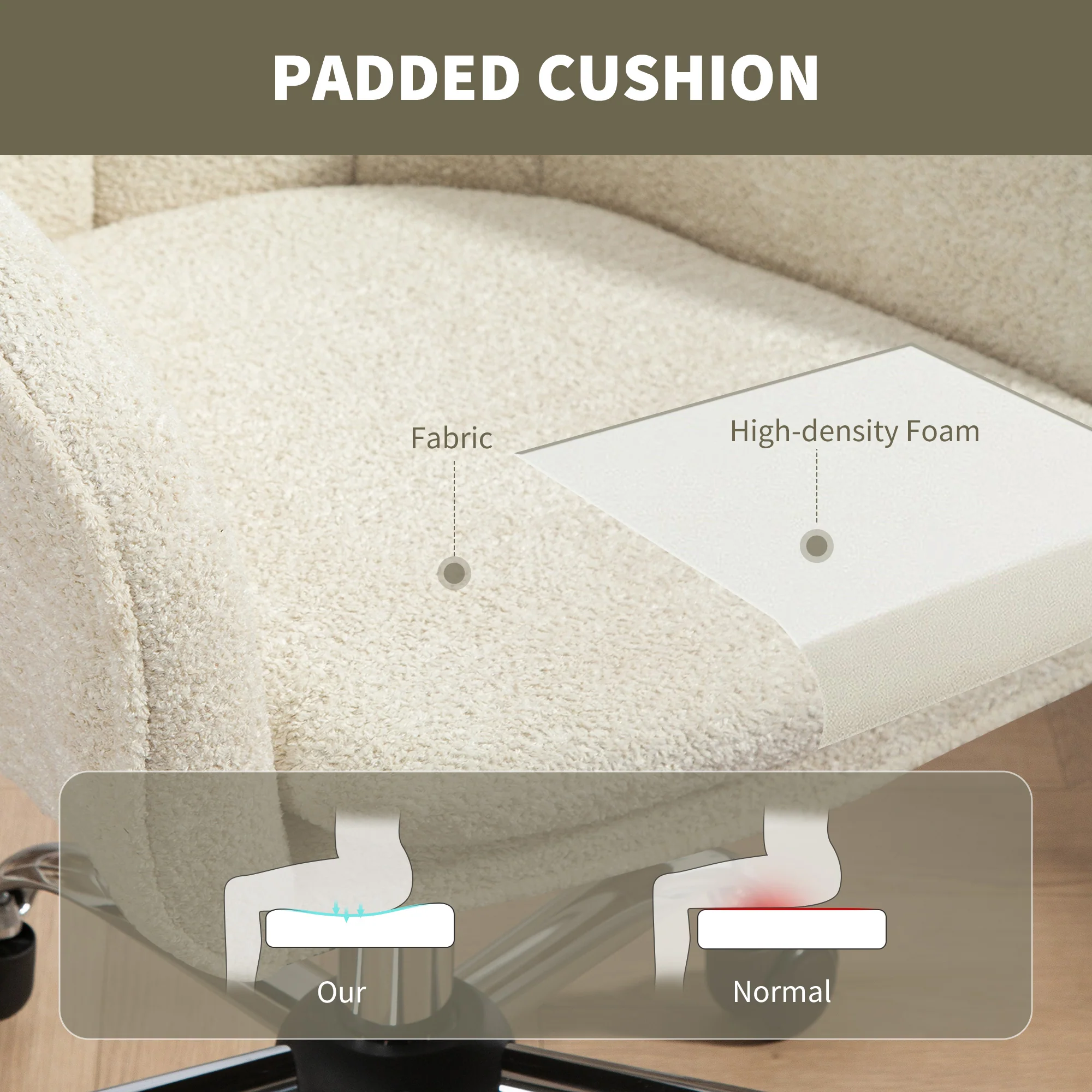 Velvet-Feel Office Chair, Swivel Rolling Makeup Vanity Chair with Tub Back, Beige - Image 7