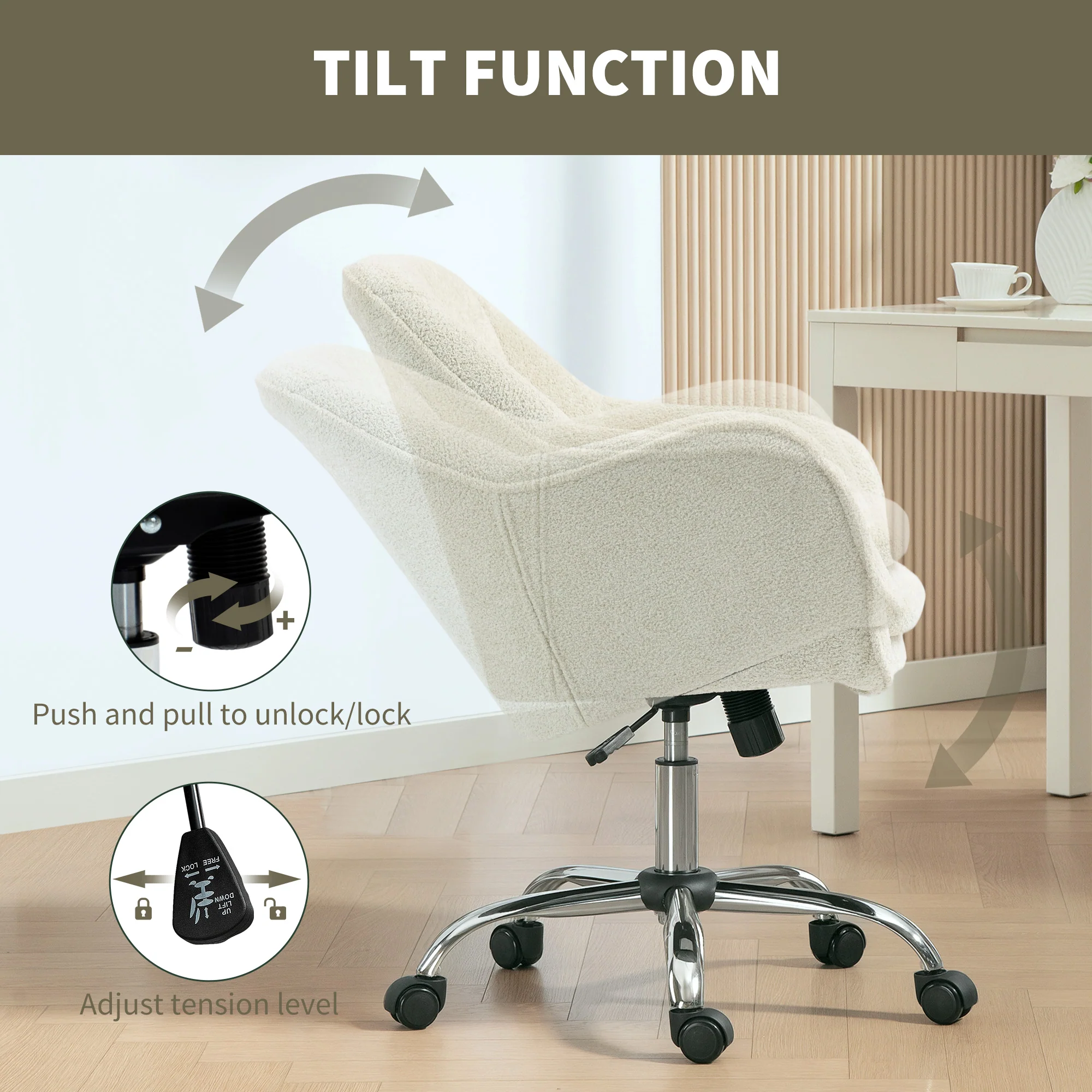 Velvet-Feel Office Chair, Swivel Rolling Makeup Vanity Chair with Tub Back, Beige - Image 8