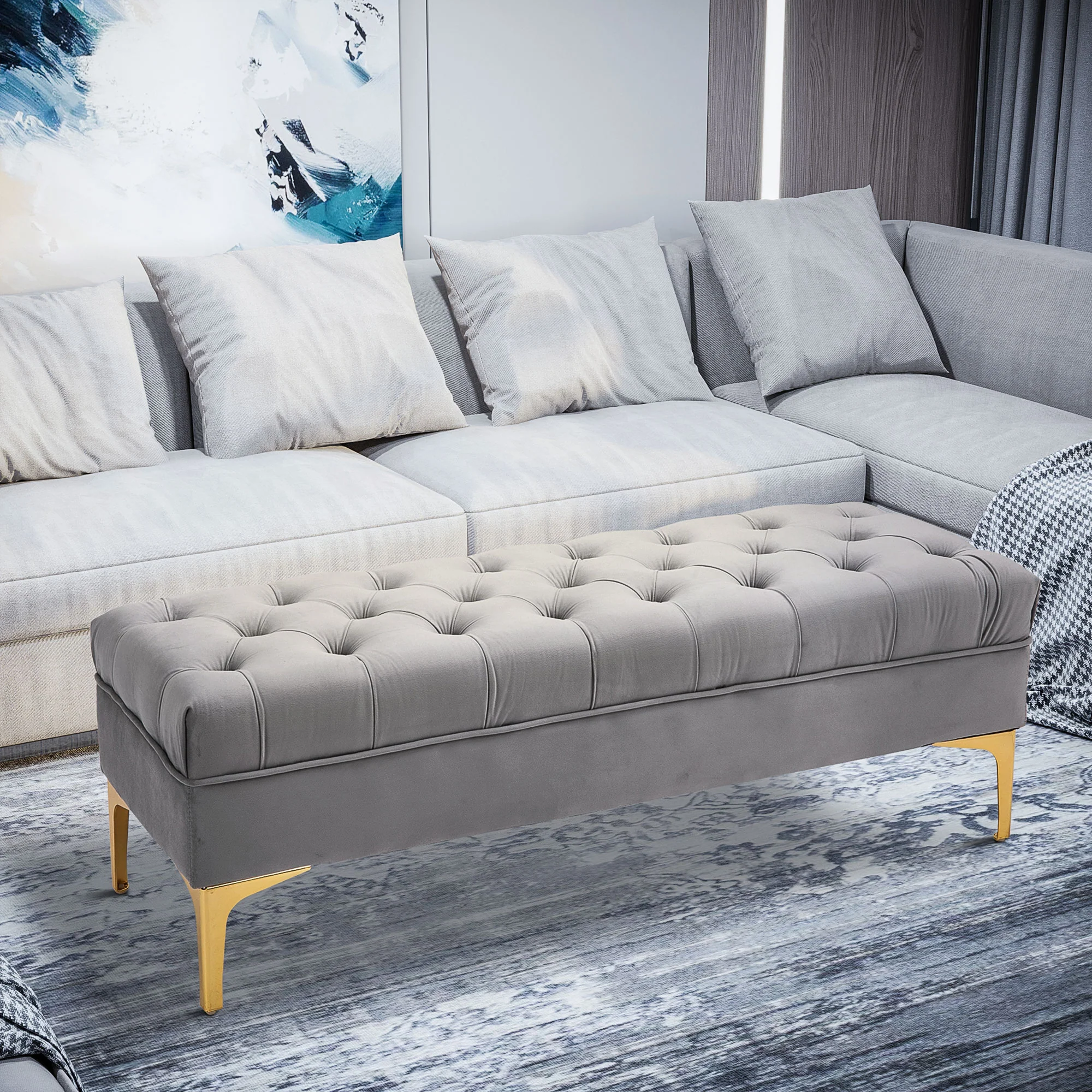 Velvet Upholstered Bench with Button Tufted, End of Bed Bench, Entryway Shoe Bench, Grey - Image 10