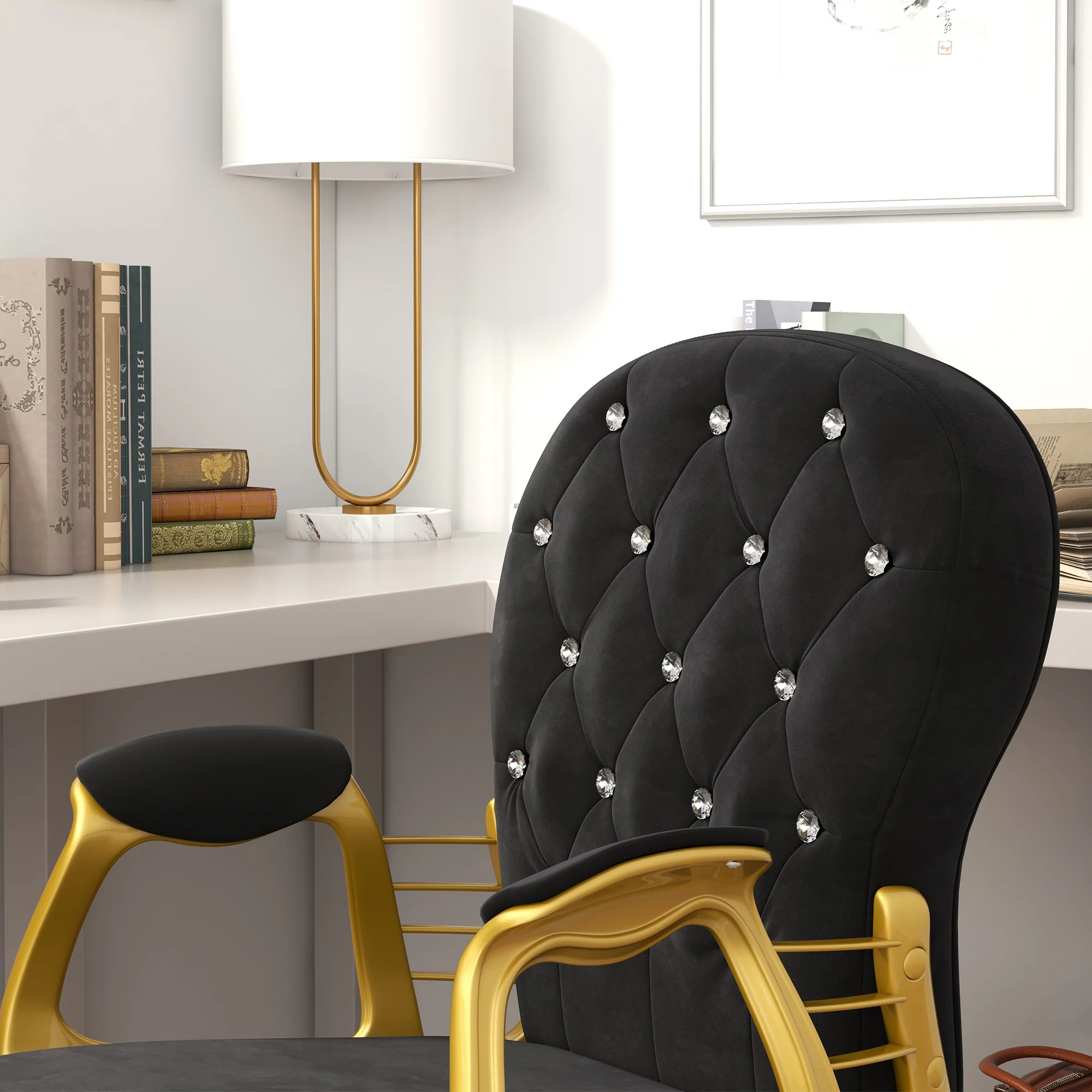 Velvet Vanity Office Chair, Button Tufted Swivel Chair with Tilt Function & Armrest, Black - Image 11