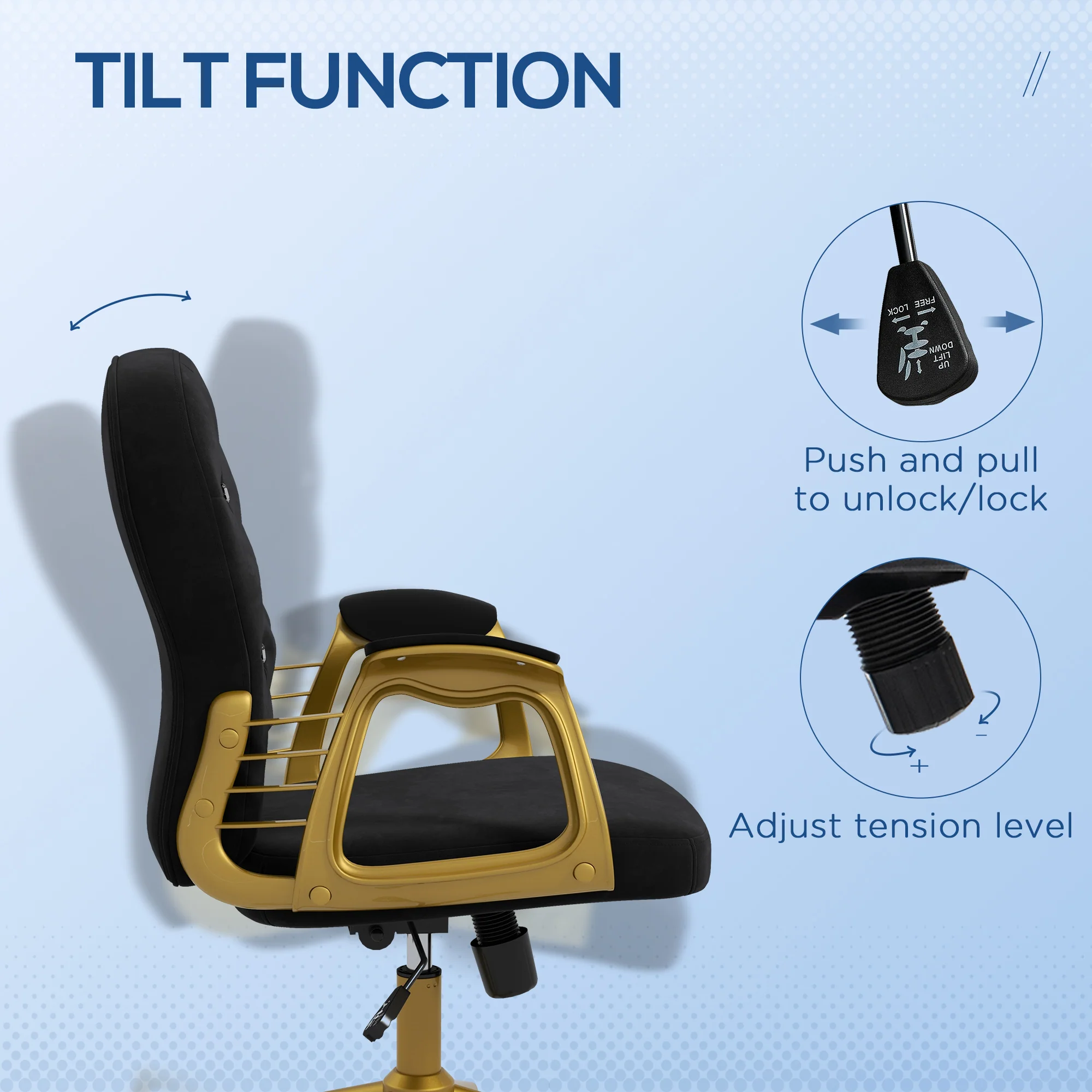 Velvet Vanity Office Chair, Button Tufted Swivel Chair with Tilt Function & Armrest, Black - Image 7