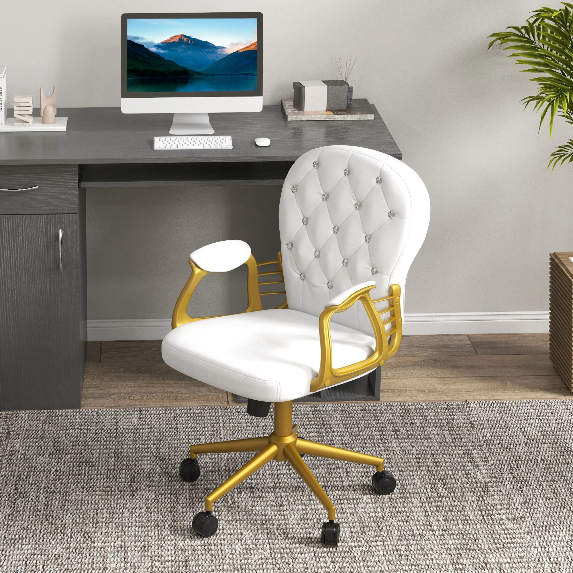 Velvet Vanity Office Chair, Button Tufted Swivel Chair with Tilt Function & Armrest, White - Image 11