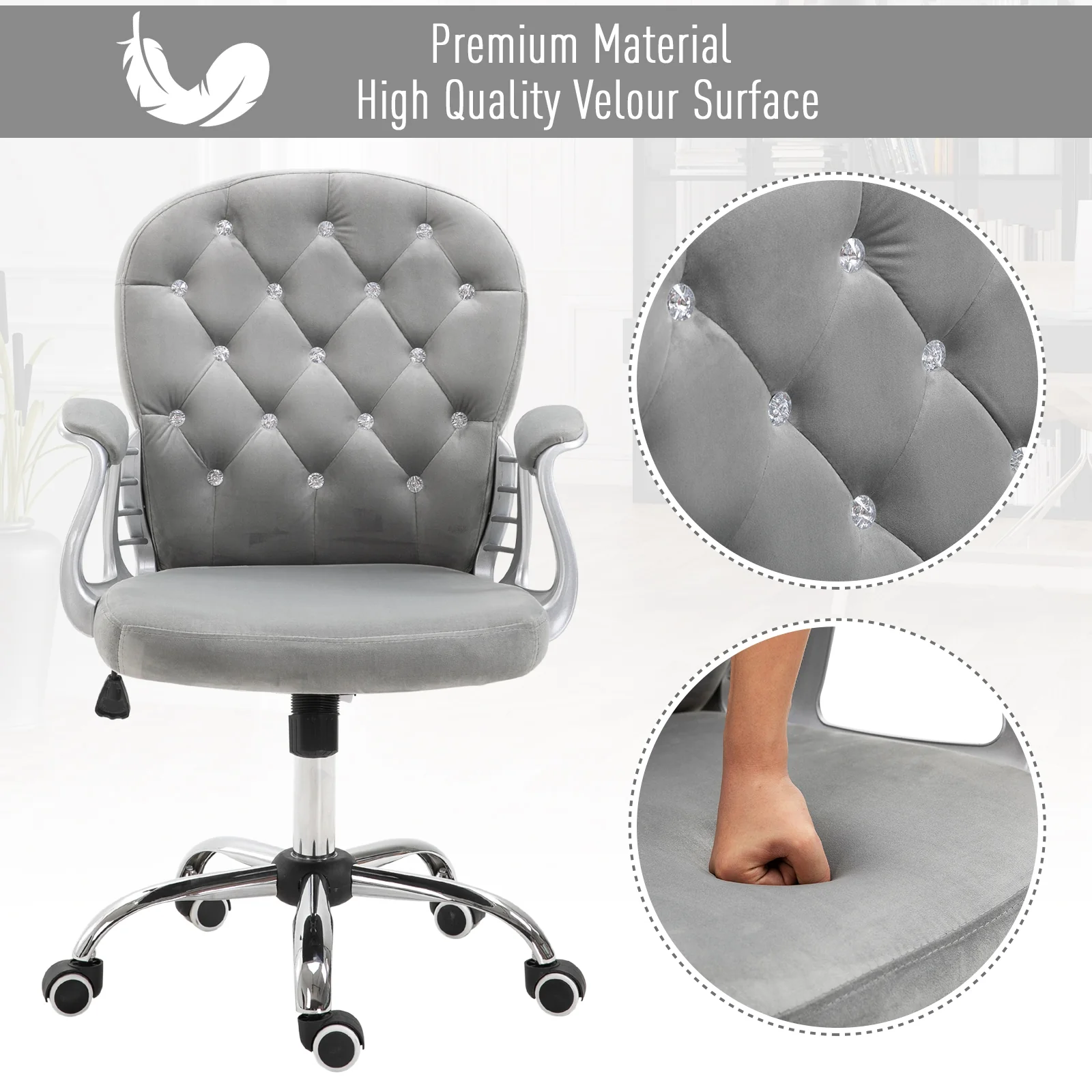 Velvet Vanity Office Chair, Button Tufted Swivel Chair with Tilt Function & Armrest, Grey - Image 6