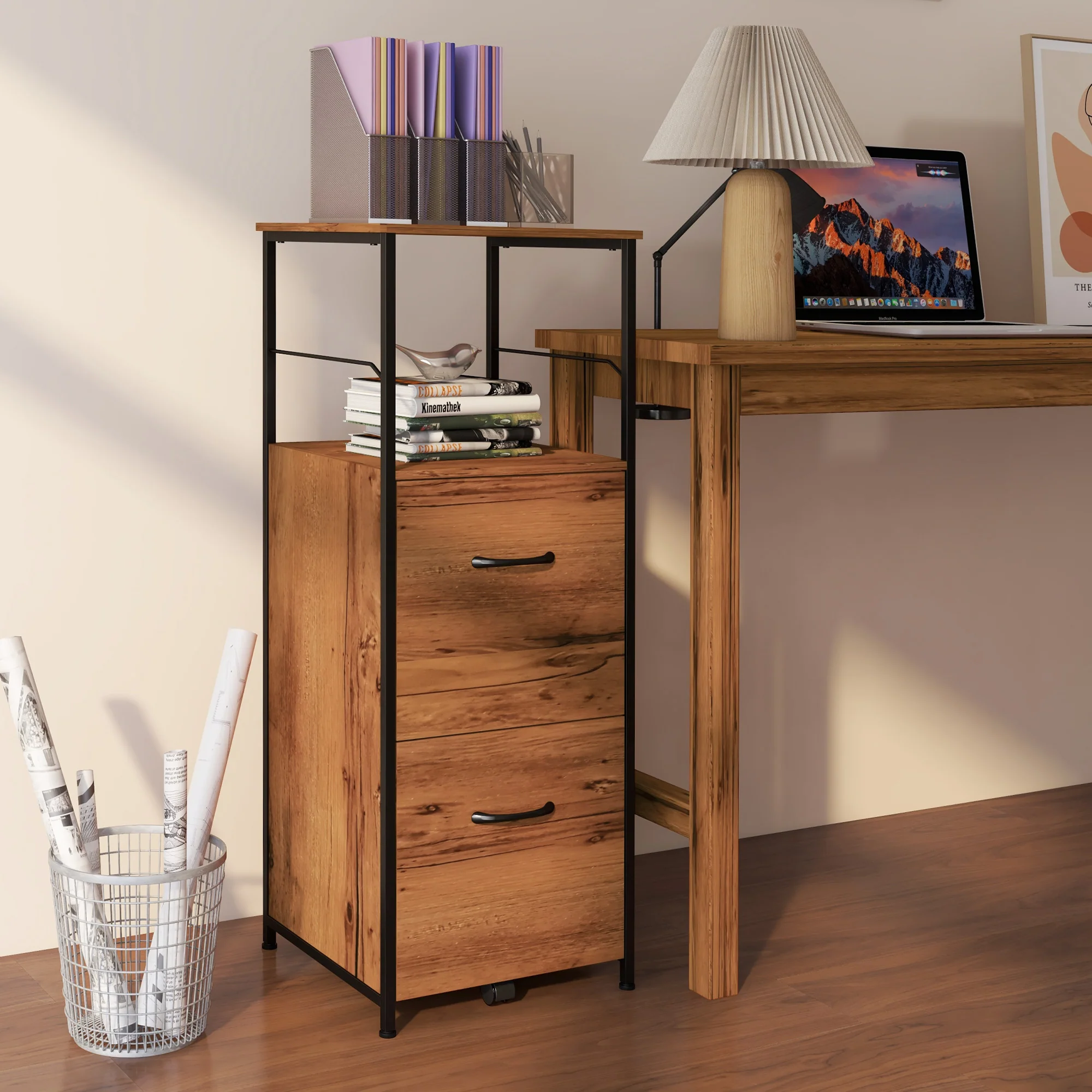 42.5" Tall File Cabinet w/ 2 Drawers & Open Shelf, Industrial Printer Stand, Rustic Brown - Image 4