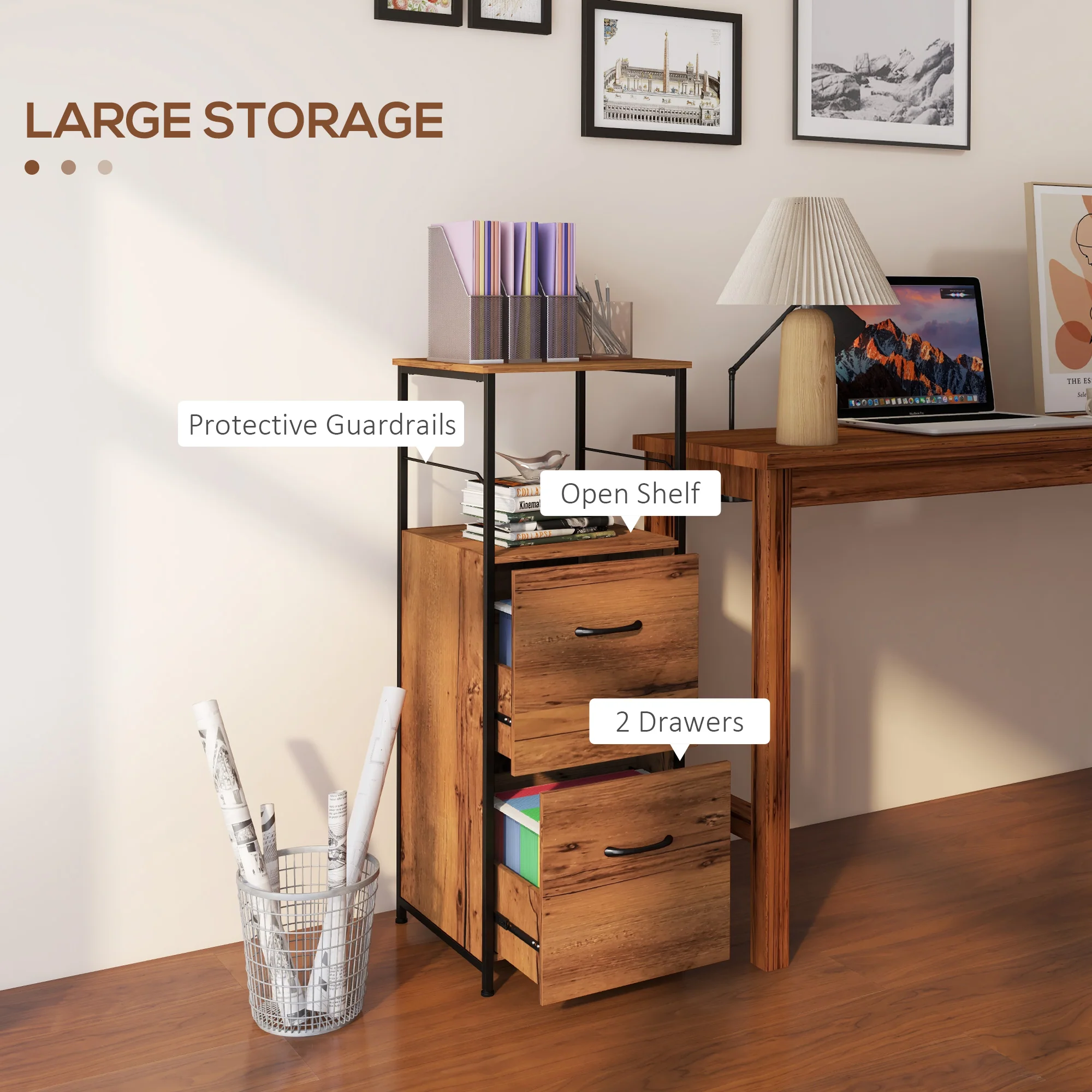 42.5" Tall File Cabinet w/ 2 Drawers & Open Shelf, Industrial Printer Stand, Rustic Brown - Image 7