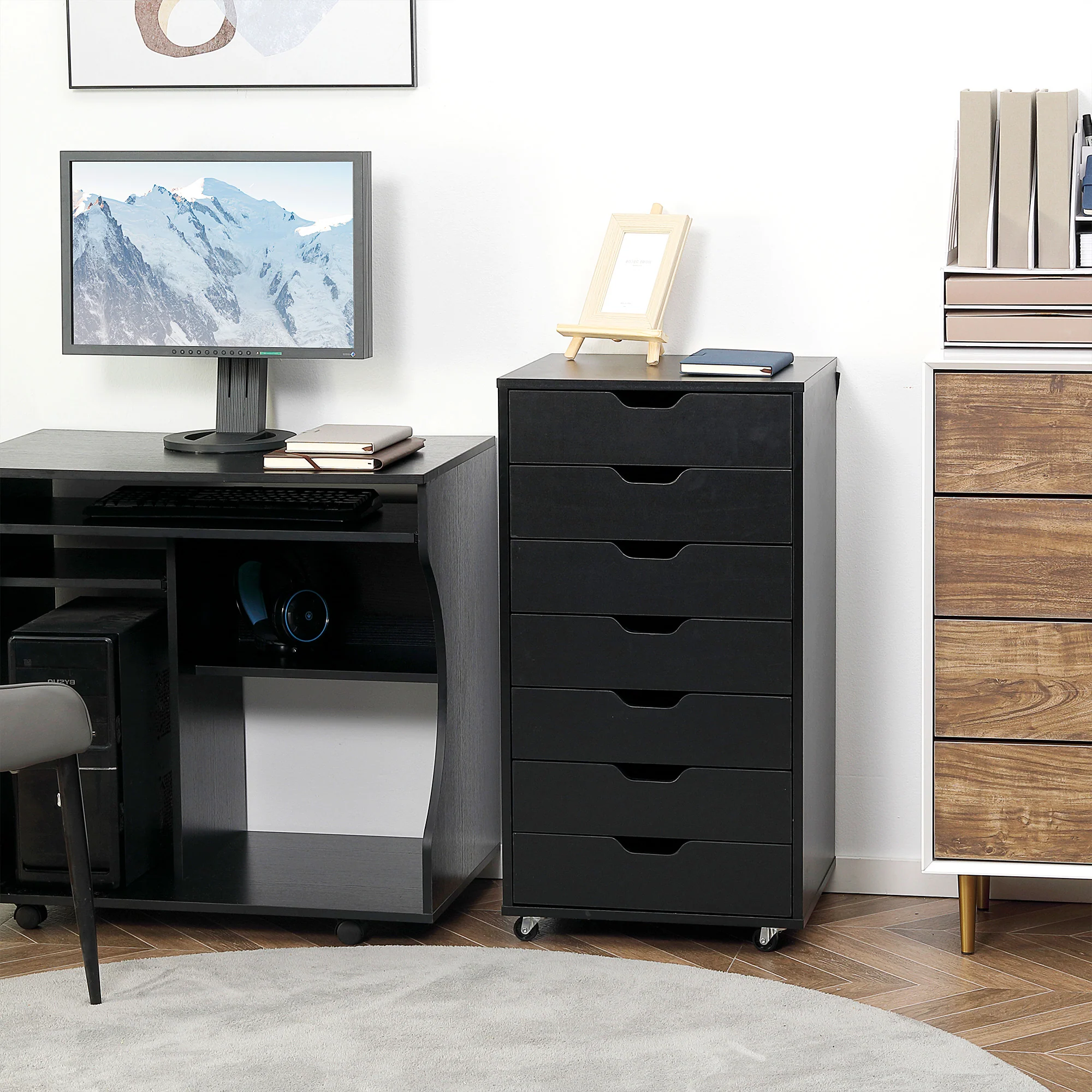 7-drawer Vertical Filing Cabinet, Mobile Office Cabinet on Wheels for Study, Office, Black - Image 3