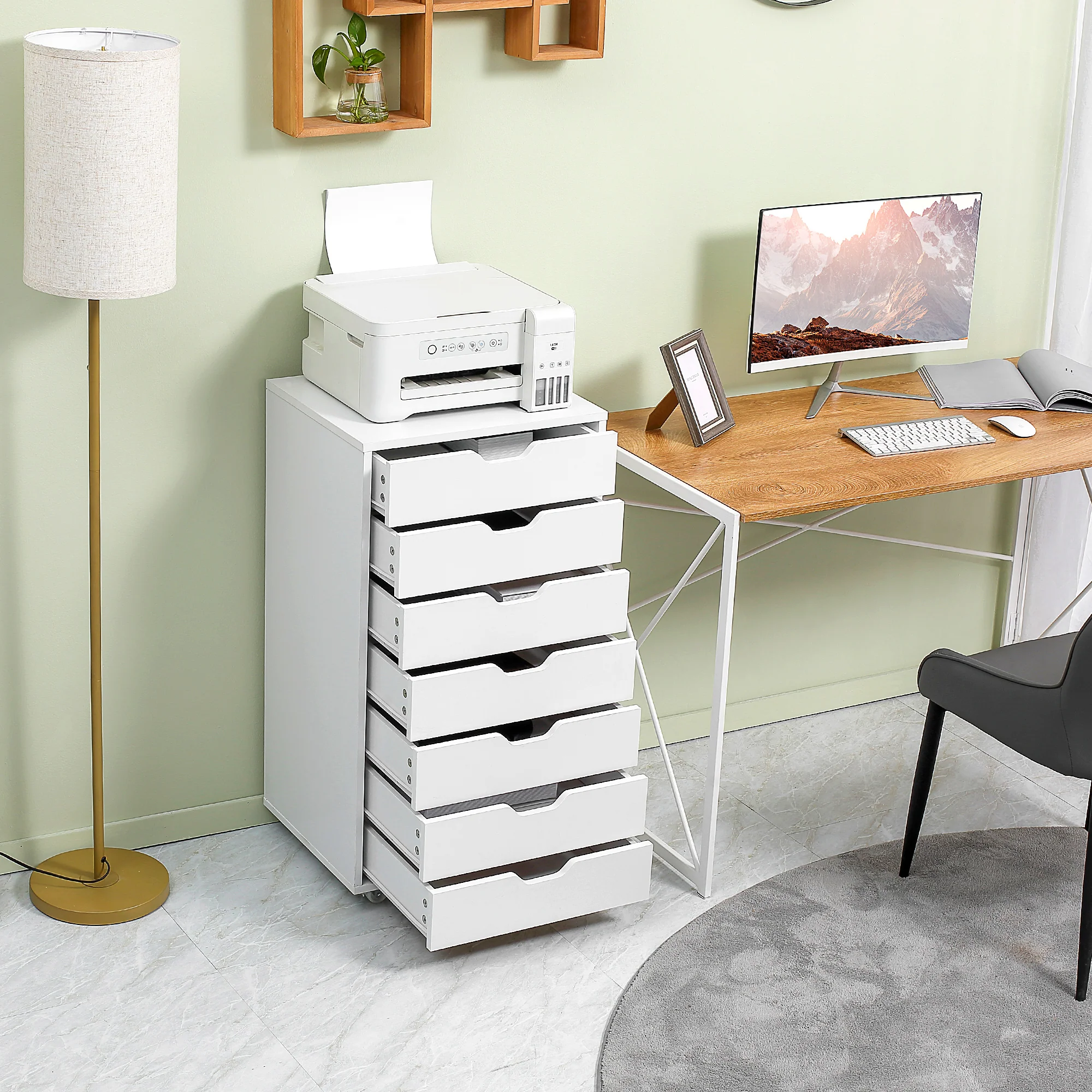7-drawer Vertical Filing Cabinet, Mobile Office Cabinet on Wheels for Study, Office, White - Image 4