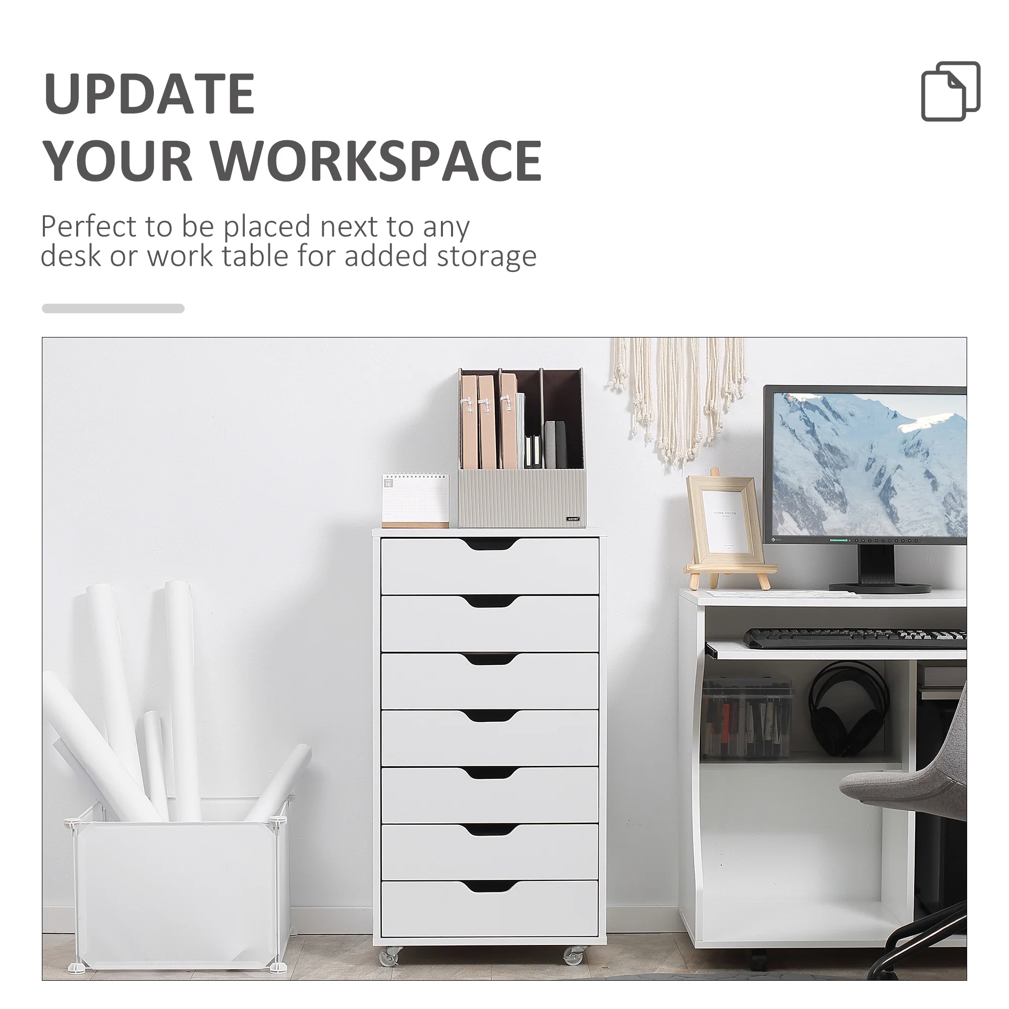 7-drawer Vertical Filing Cabinet, Mobile Office Cabinet on Wheels for Study, Office, White - Image 6