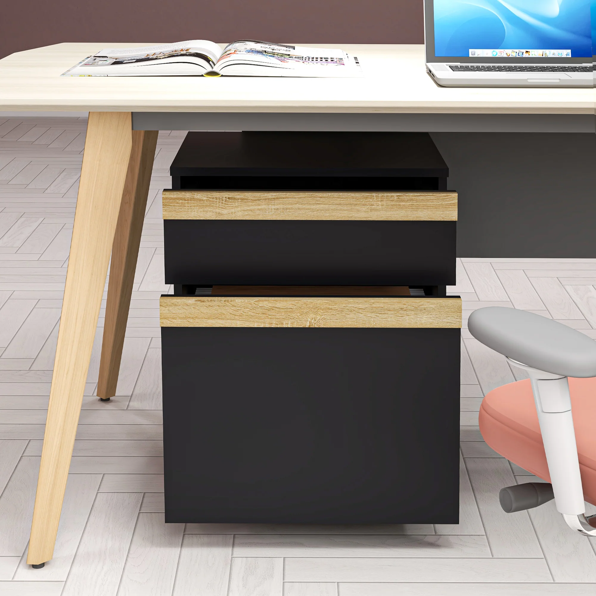 Vertical Filing Cabinet with 5 Wheels, Mobile Printer Stand with 2 Drawers, Black - Image 11