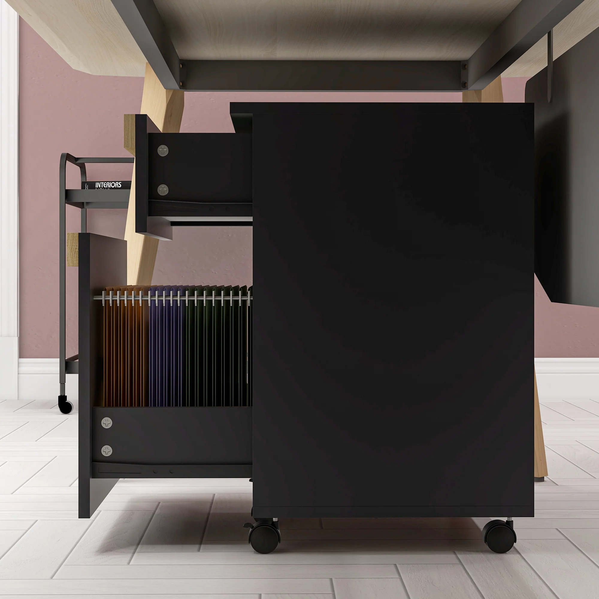 Vertical Filing Cabinet with 5 Wheels, Mobile Printer Stand with 2 Drawers, Black - Image 9