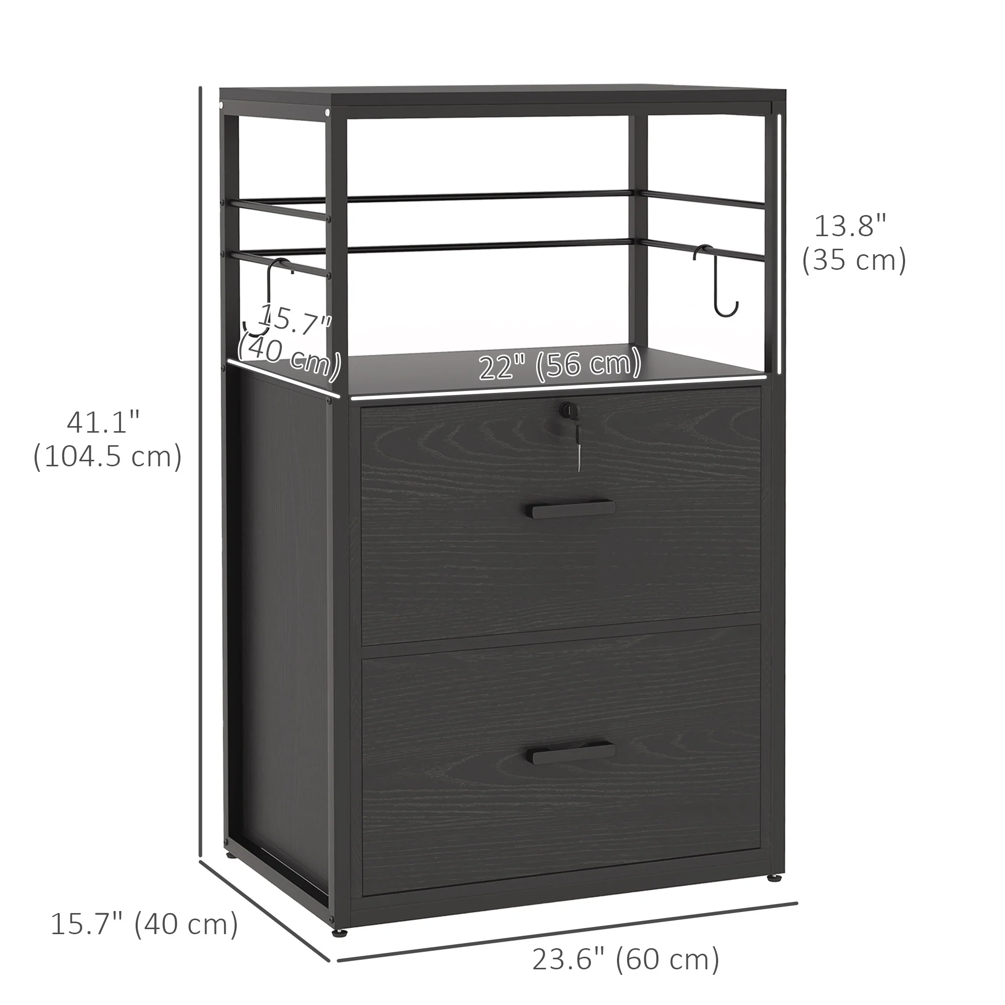 41" Tall Printer Stand w/ Storage Shelves & Hooks, 2-Drawer Lockable File Cabinet, Black - Image 5
