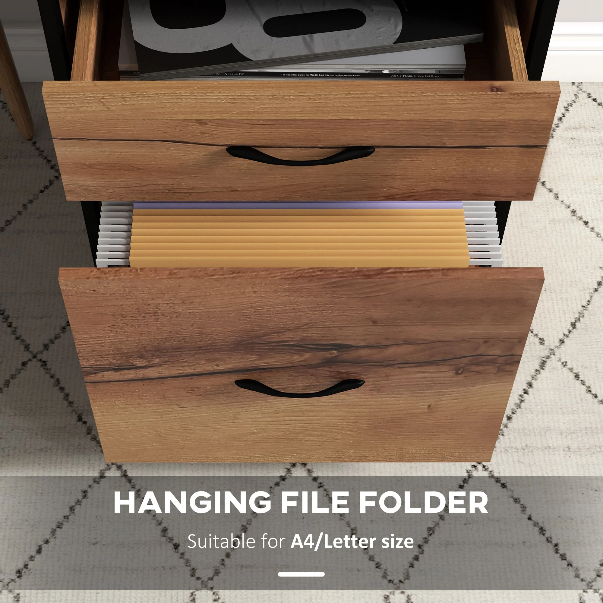 26.2" Tall File Cabinet w/ 2 Drawers & Open Shelf, Industrial Printer Stand, Rustic Brown - Image 7