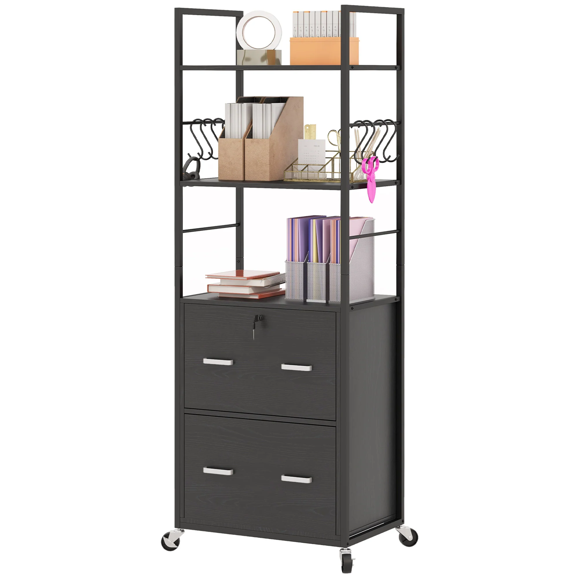 67.7" Tall Printer Stand w/ Storage Shelves & Hooks, 2-Drawer Lockable File Cabinet, Black - Image 2