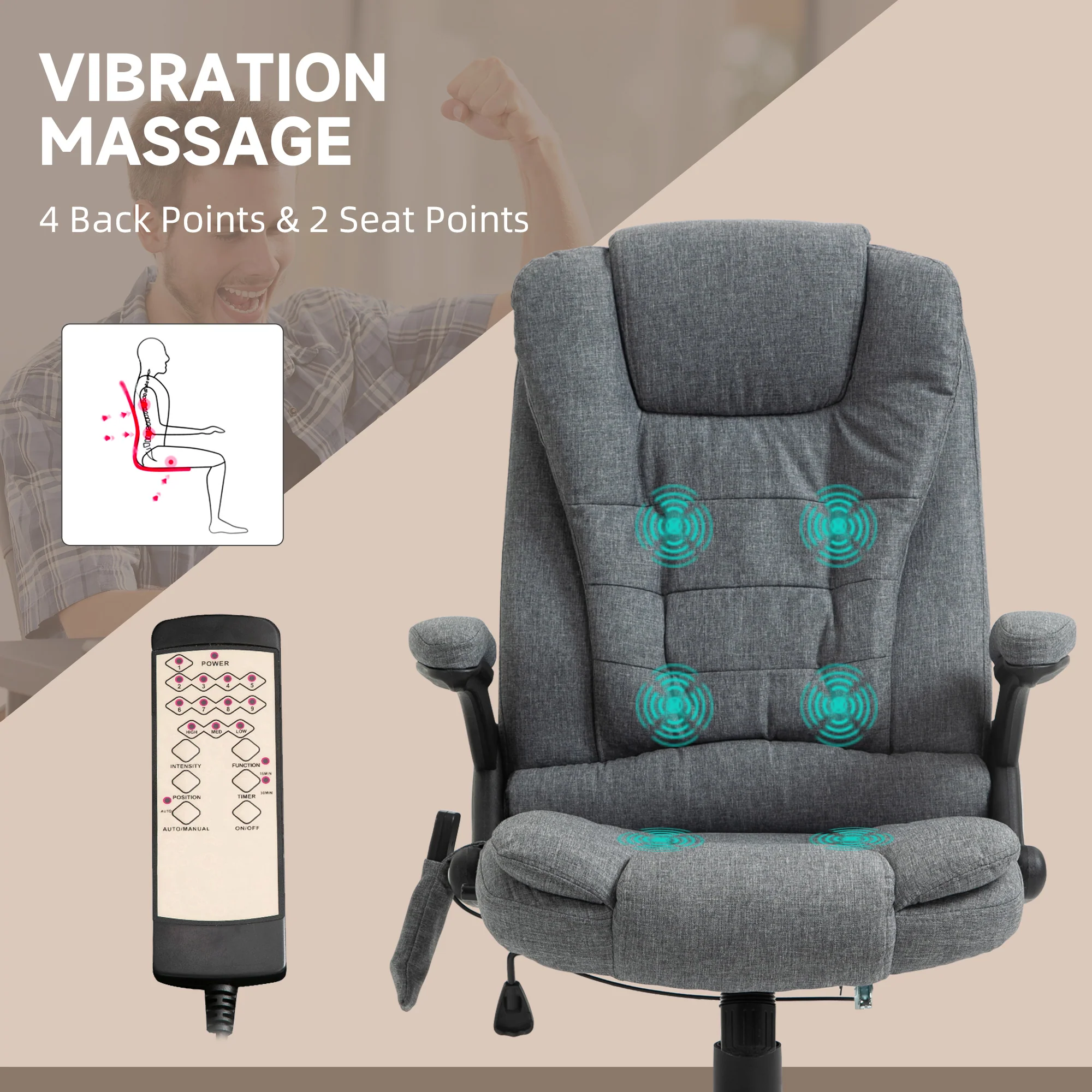 6 Point Vibrating Massage Office Chair, High Back Executive Chair with Reclining Back, Grey - Image 6