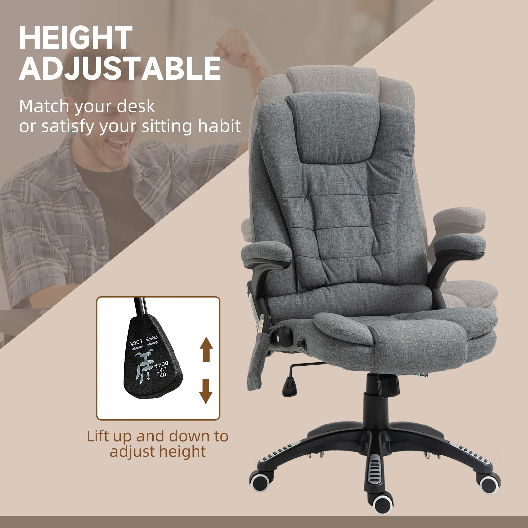 6 Point Vibrating Massage Office Chair, High Back Executive Chair with Reclining Back, Grey - Image 7