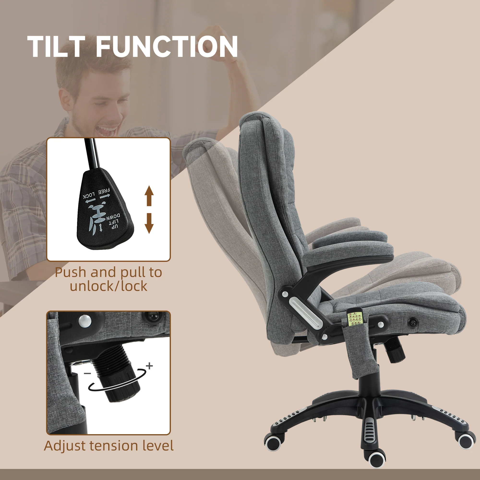 6 Point Vibrating Massage Office Chair, High Back Executive Chair with Reclining Back, Grey - Image 8