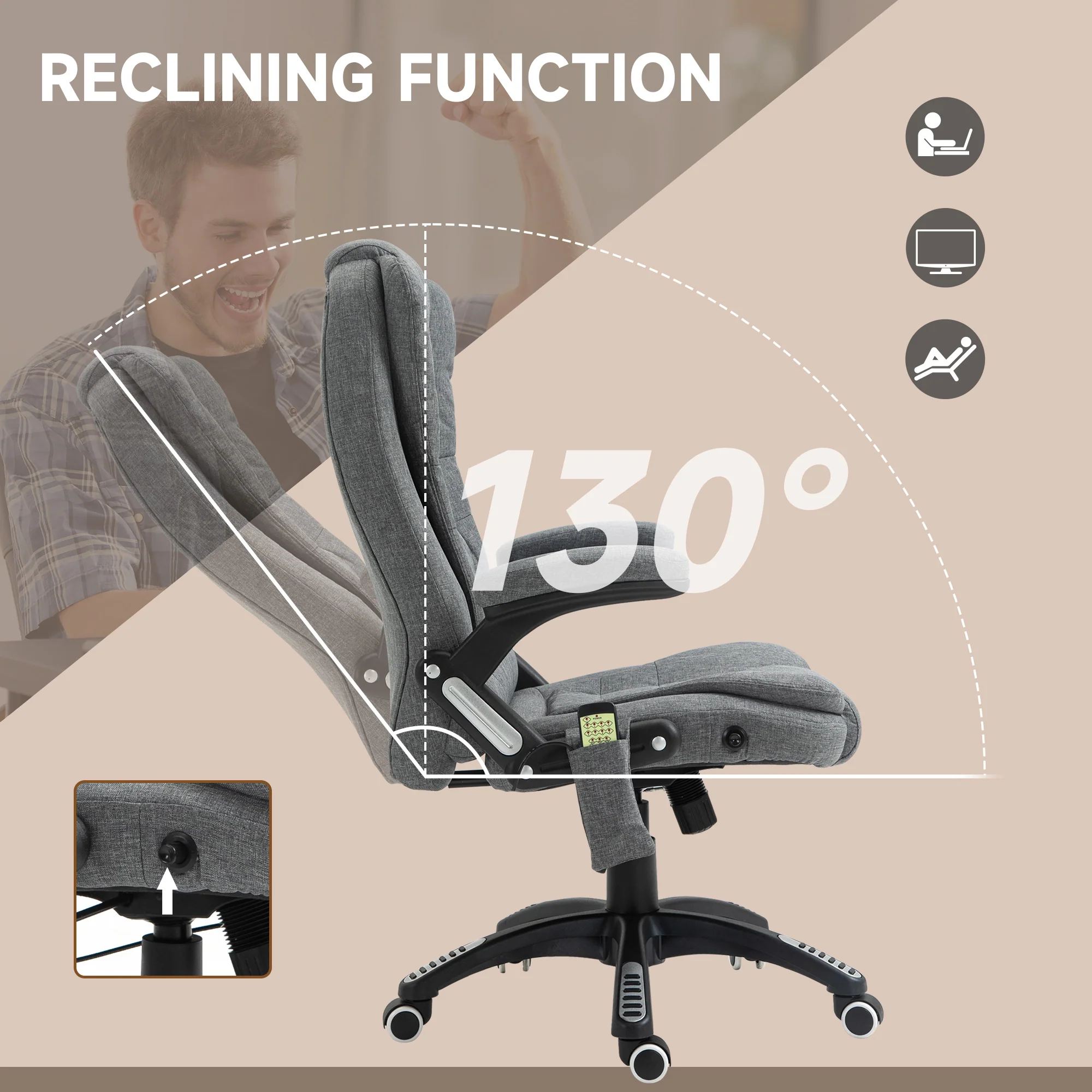 6 Point Vibrating Massage Office Chair, High Back Executive Chair with Reclining Back, Grey - Image 9