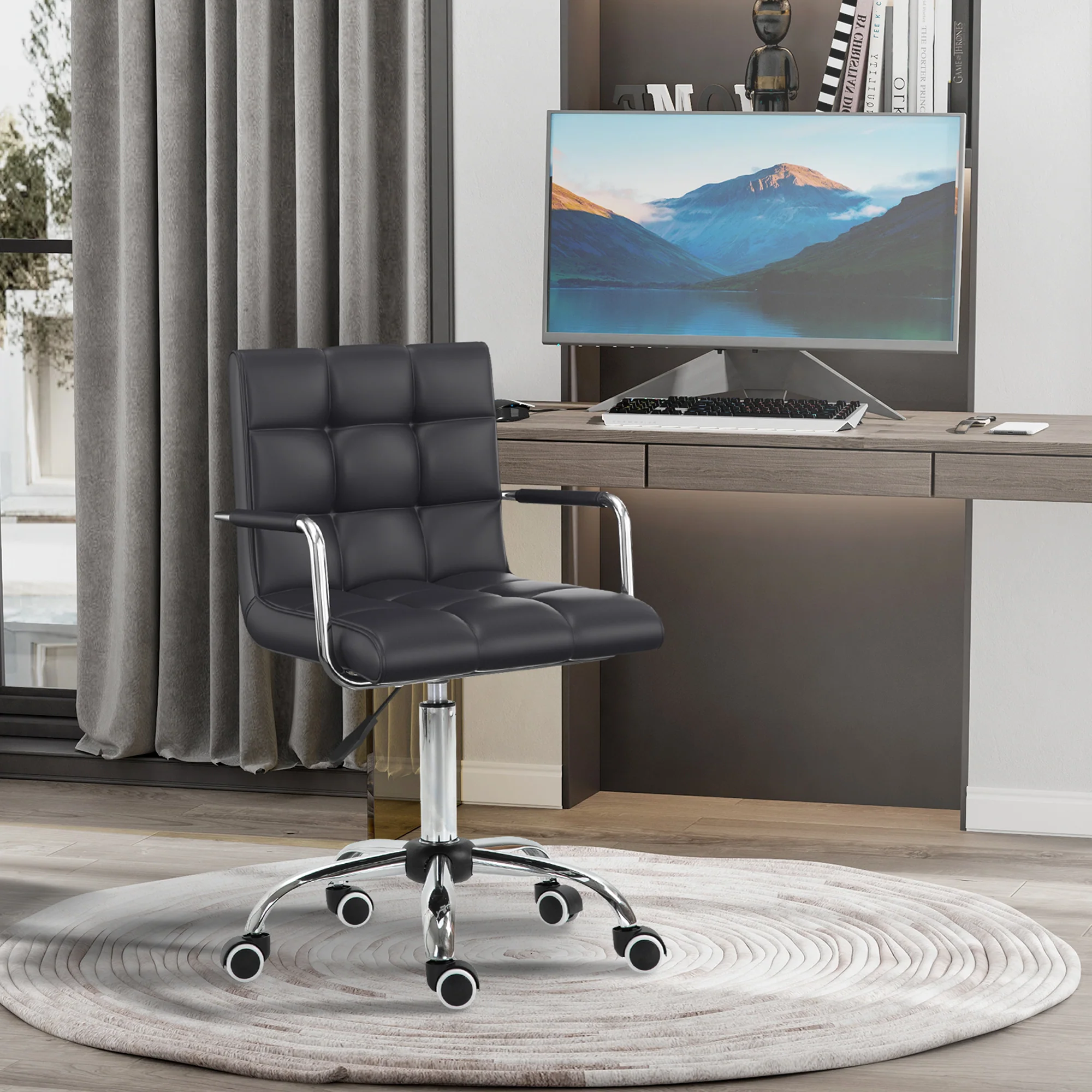 Swivel Computer Office Chair, PU Leather Study Chair with Rolling Wheels, Black - Image 3