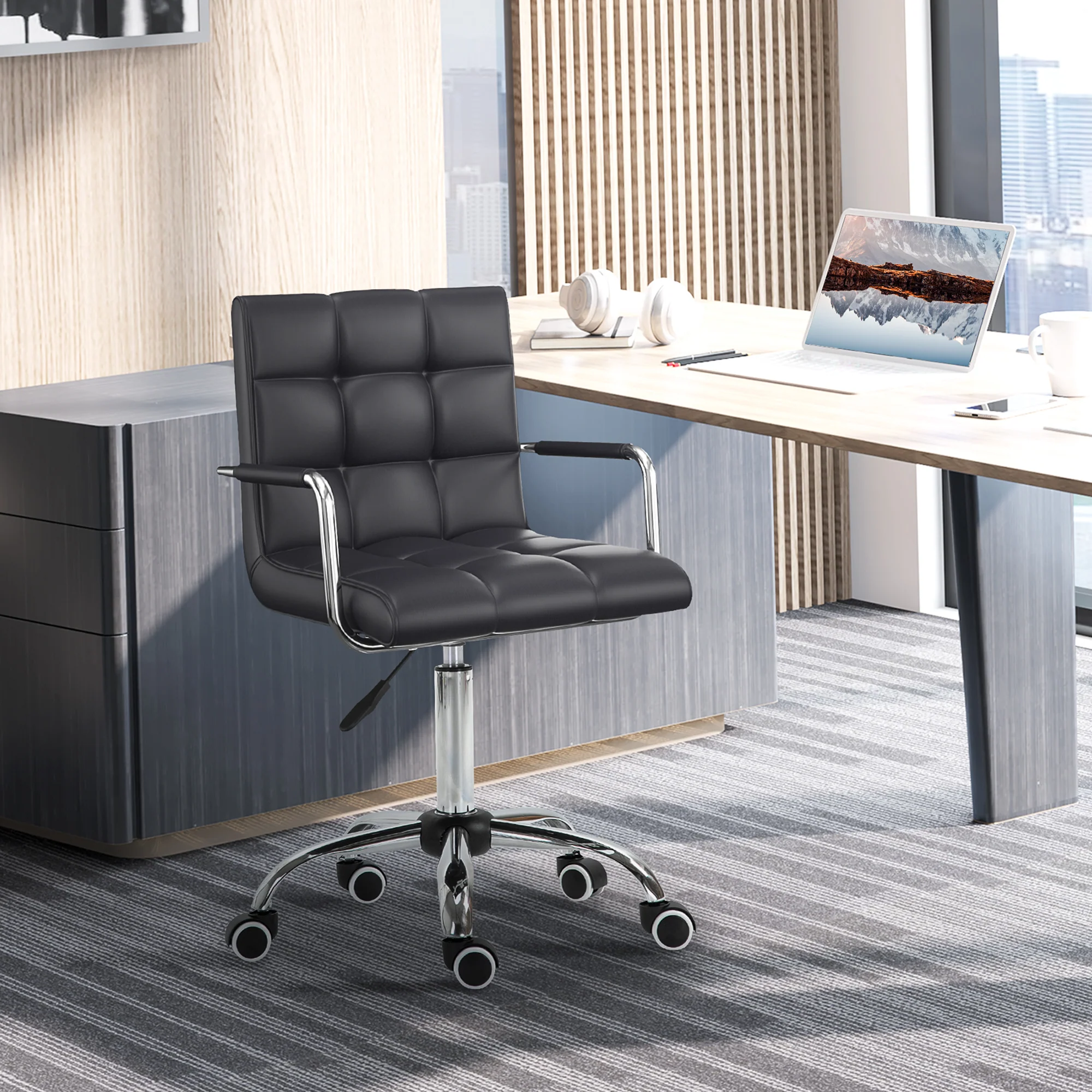 Swivel Computer Office Chair, PU Leather Study Chair with Rolling Wheels, Black - Image 4