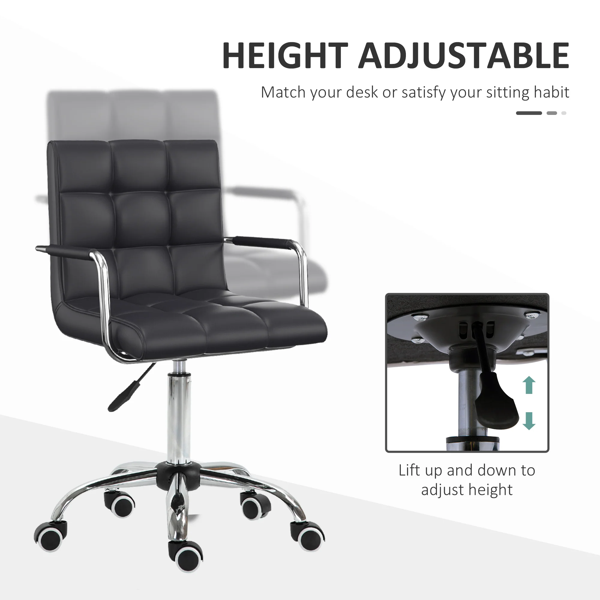 Swivel Computer Office Chair, PU Leather Study Chair with Rolling Wheels, Black - Image 6