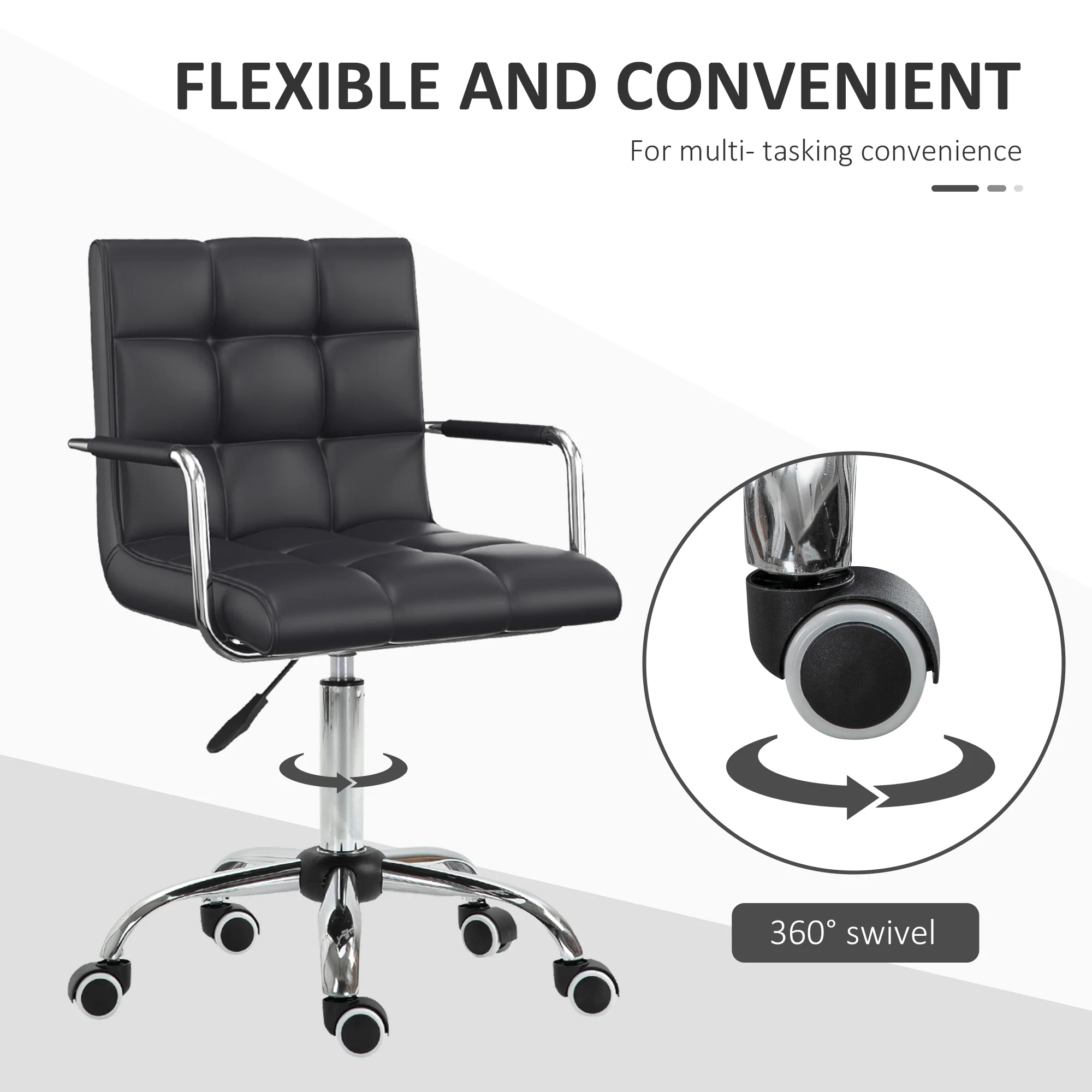 Swivel Computer Office Chair, PU Leather Study Chair with Rolling Wheels, Black - Image 7