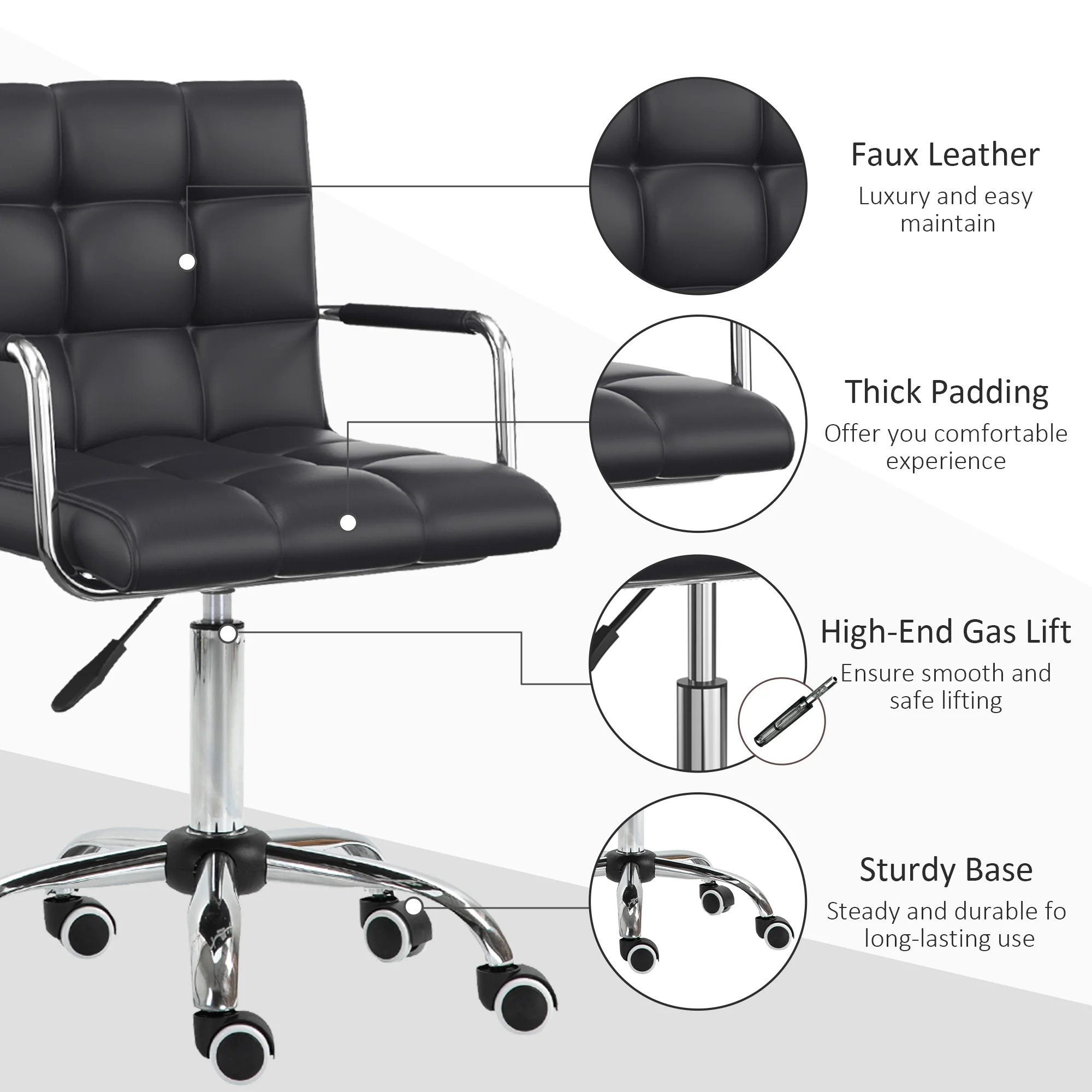 Swivel Computer Office Chair, PU Leather Study Chair with Rolling Wheels, Black - Image 8