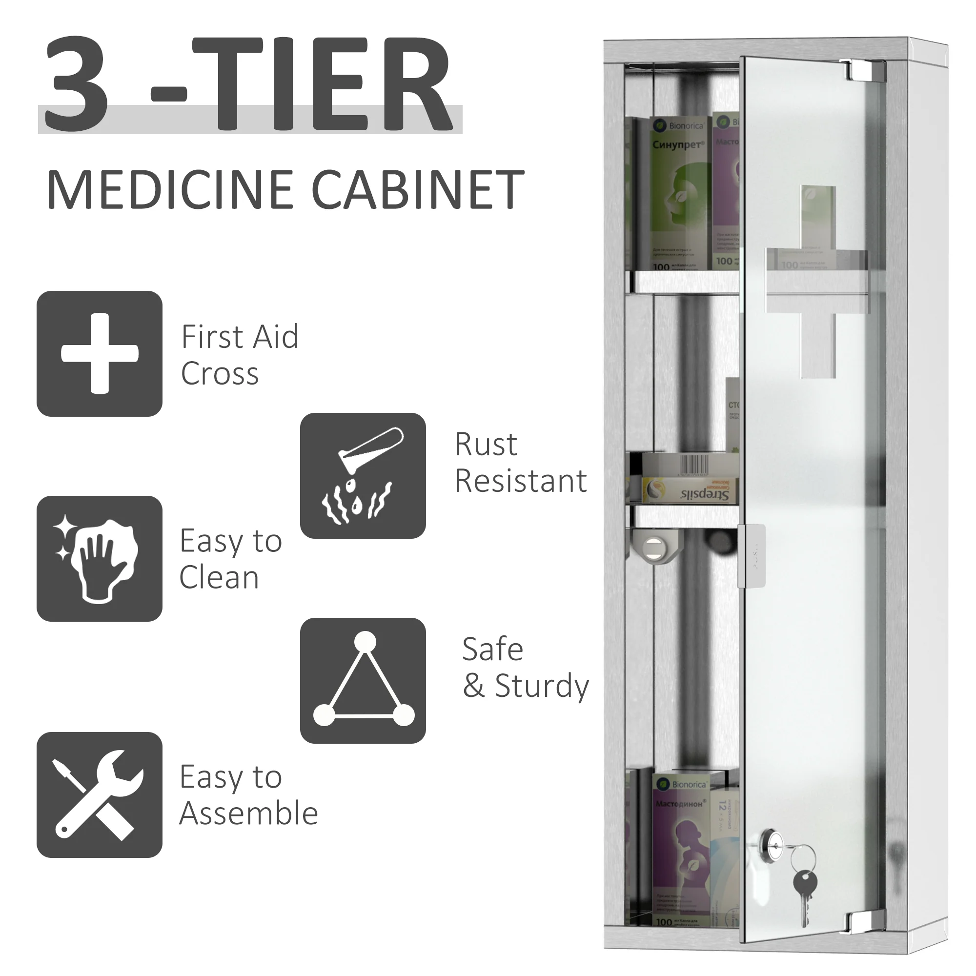 3 Tier Wall Hung Lockable Medicine Cabinet with Stainless Steel Frame & Glass Door, Silver - Image 6