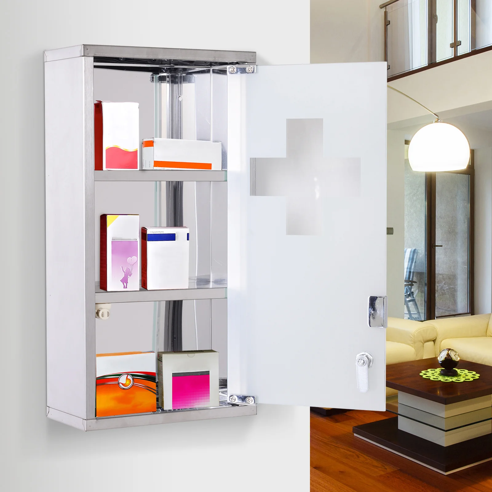 10" x 19" Wall Mount Cabinet w/ 3 Tier Shelves, Lockable Medicine Cabinet w/ 2 Keys, Silver - Image 4