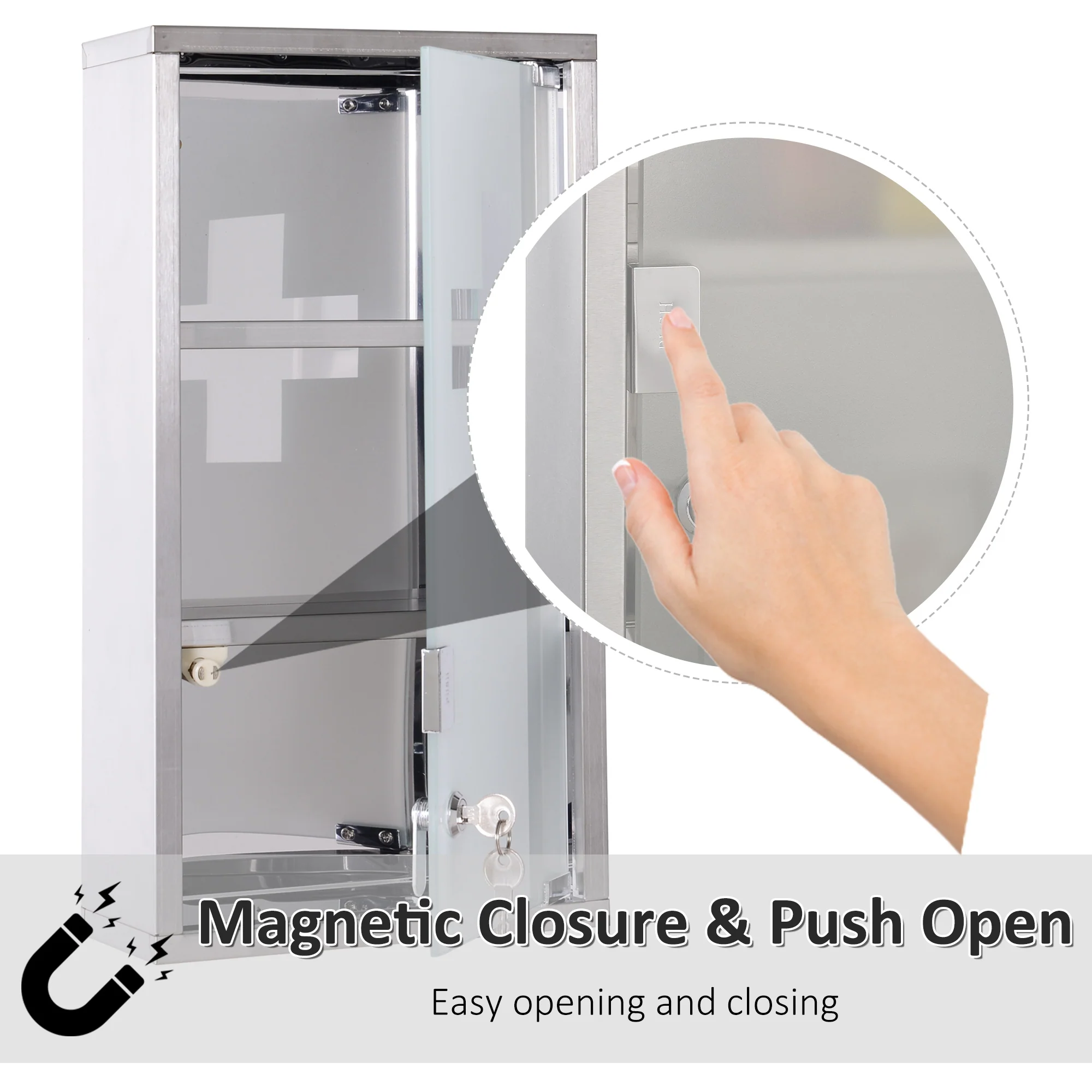 10" x 19" Wall Mount Cabinet w/ 3 Tier Shelves, Lockable Medicine Cabinet w/ 2 Keys, Silver - Image 6