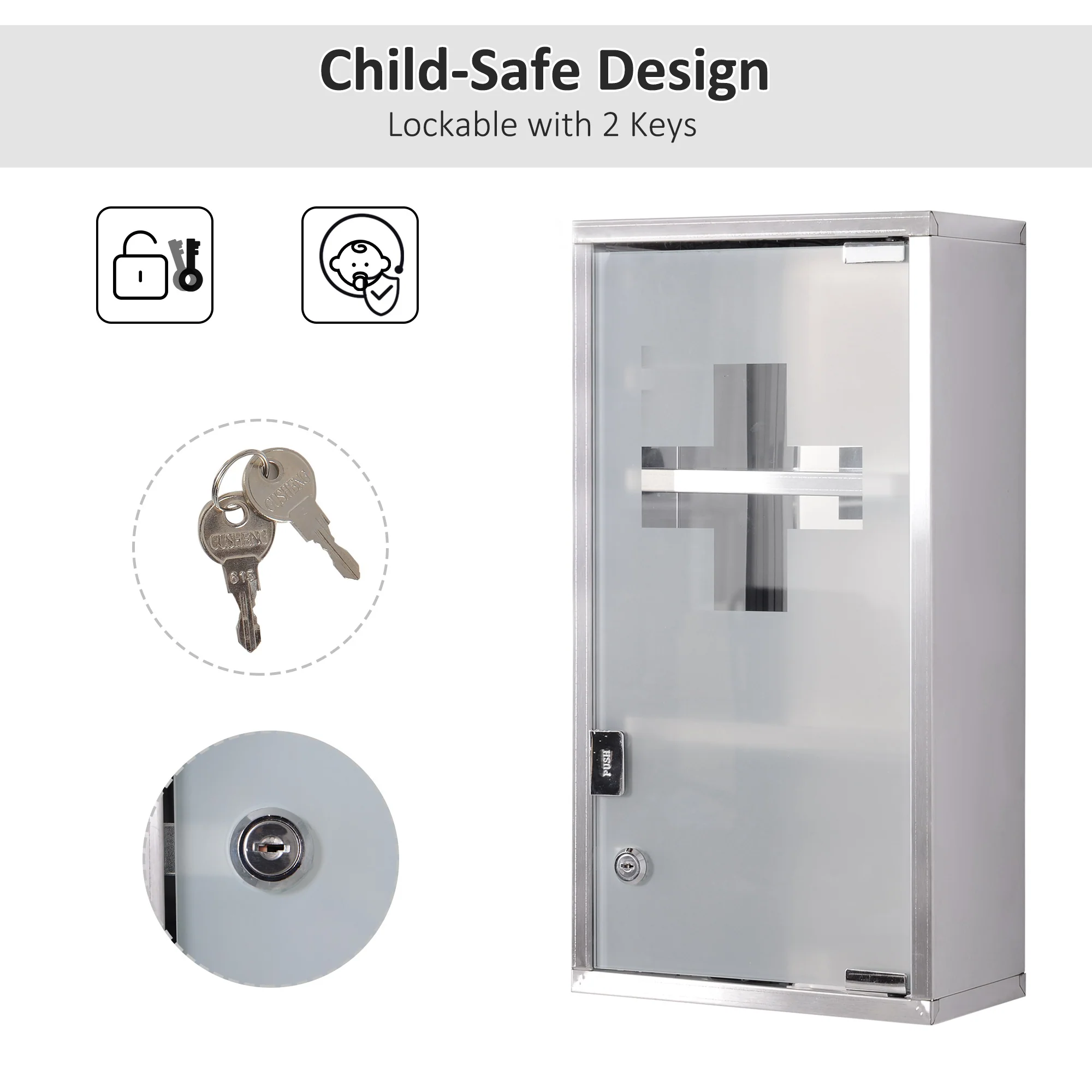 10" x 19" Wall Mount Cabinet w/ 3 Tier Shelves, Lockable Medicine Cabinet w/ 2 Keys, Silver - Image 7