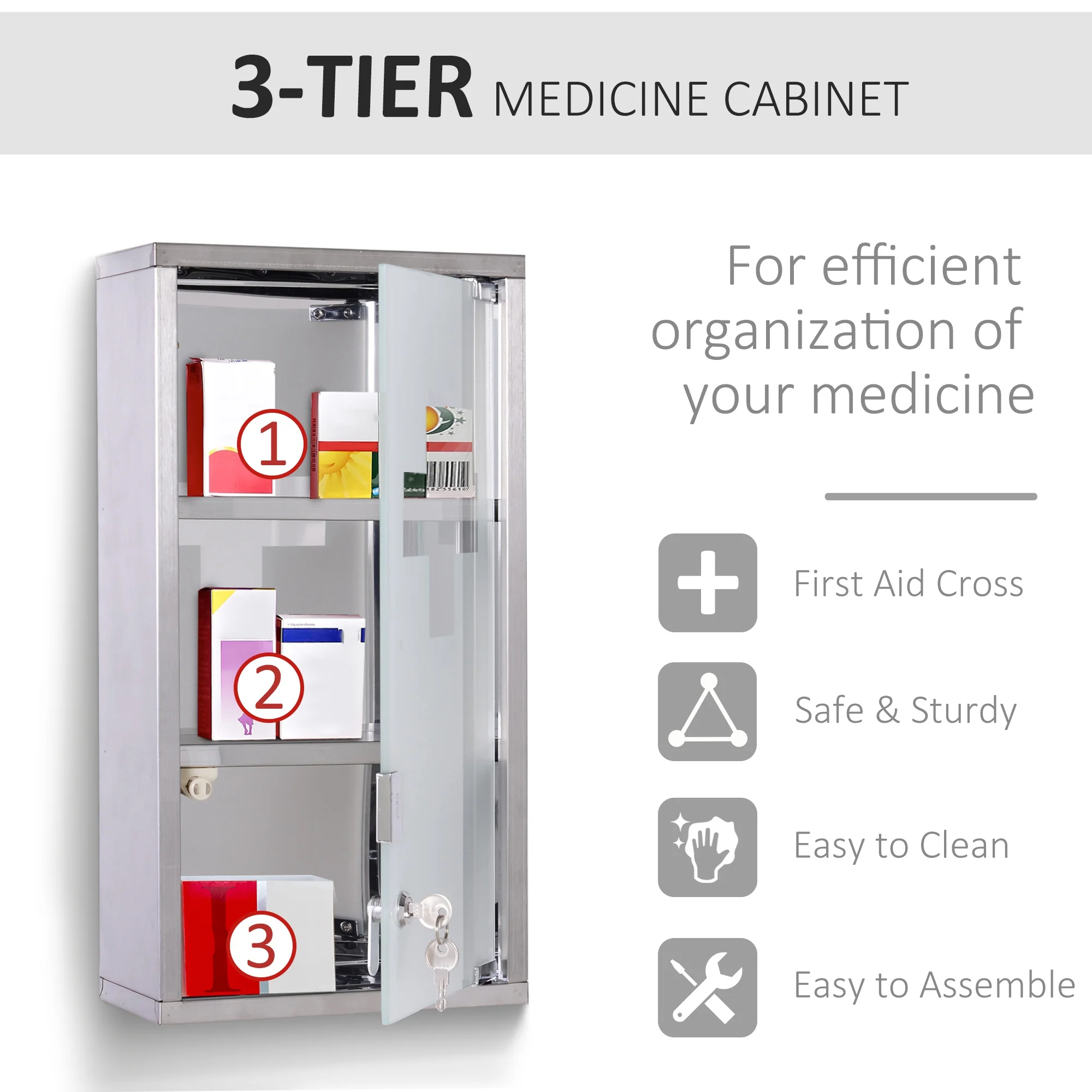 10" x 19" Wall Mount Cabinet w/ 3 Tier Shelves, Lockable Medicine Cabinet w/ 2 Keys, Silver - Image 8