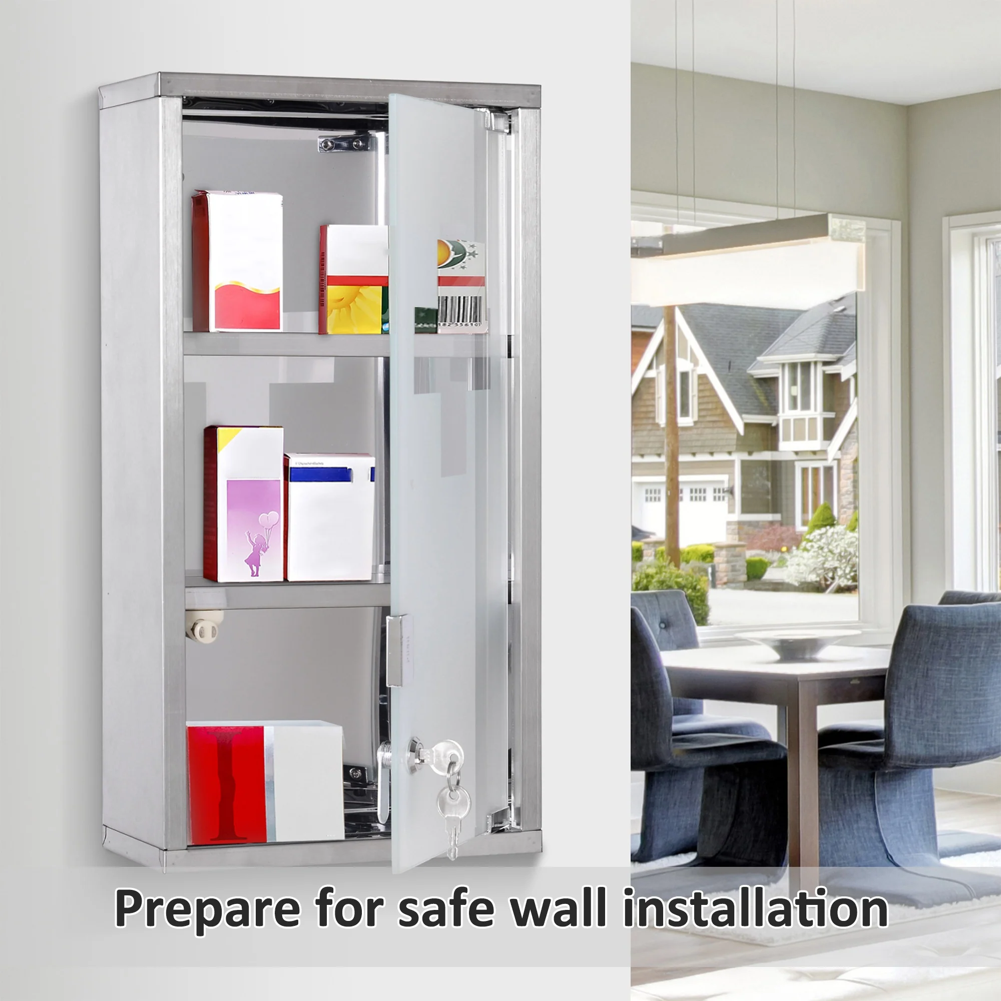 10" x 19" Wall Mount Cabinet w/ 3 Tier Shelves, Lockable Medicine Cabinet w/ 2 Keys, Silver - Image 9