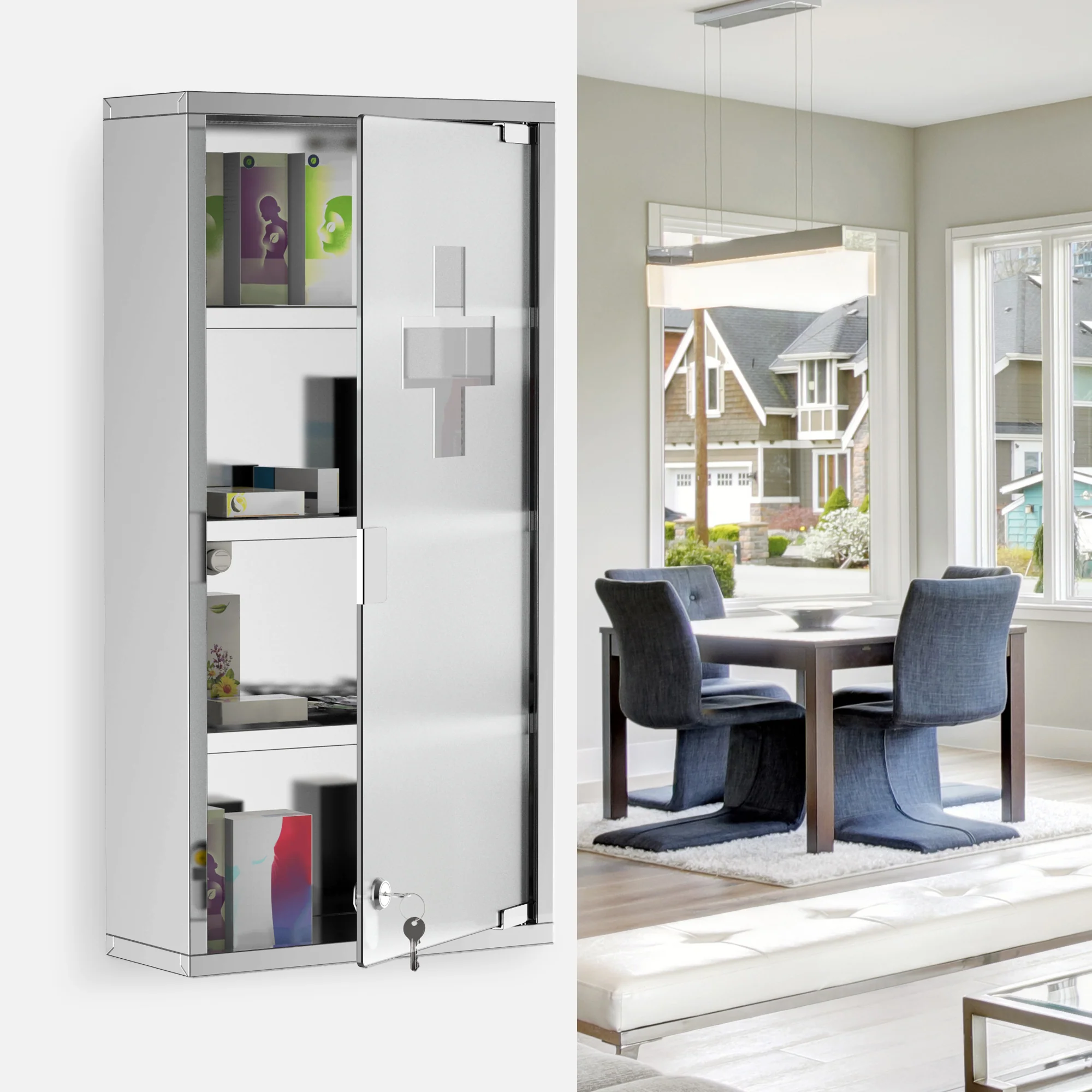 12" x 23.5" Wall Mount Medicine Cabinet, Bathroom Cabinet with 4 Tier Shelves, Silver - Image 10