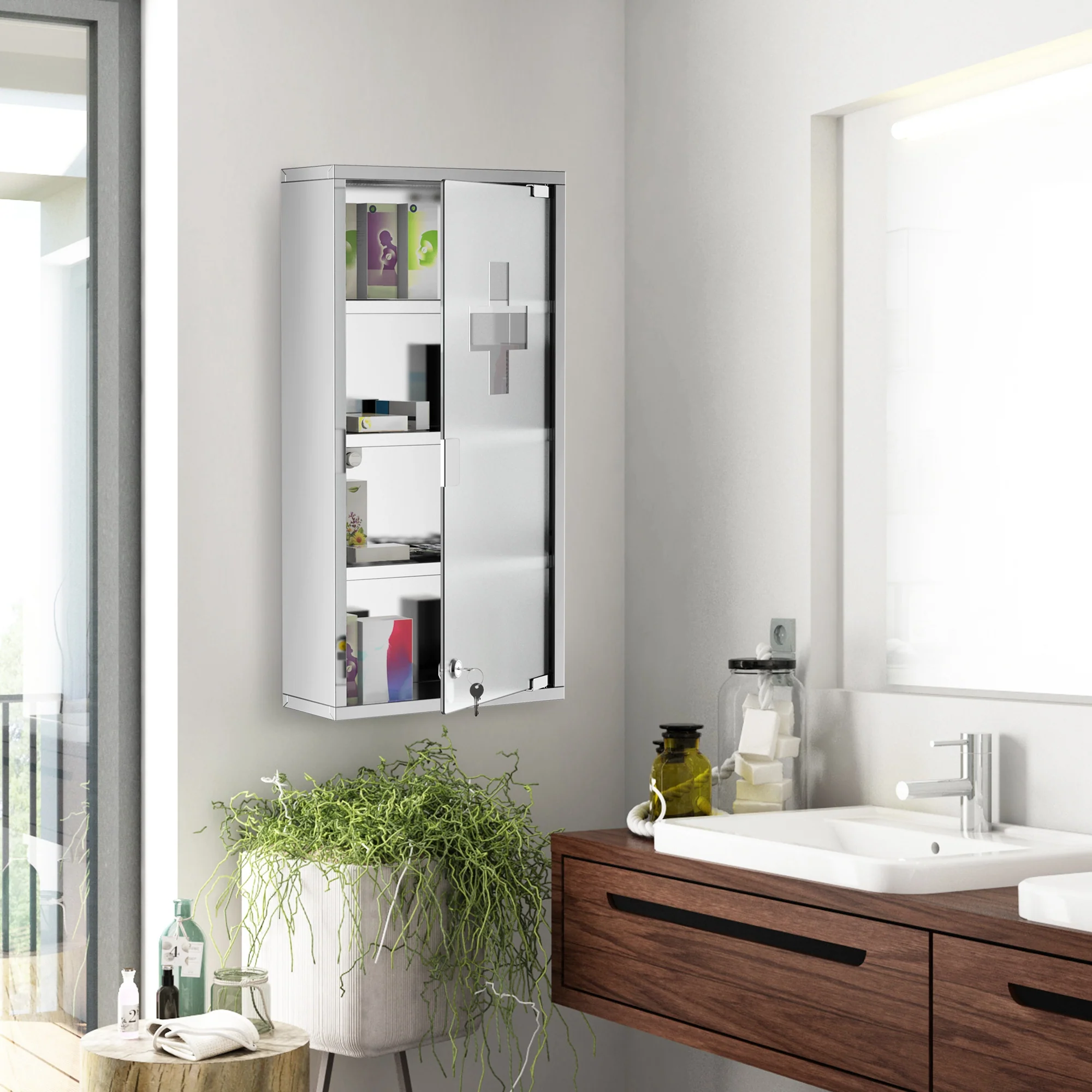 12" x 23.5" Wall Mount Medicine Cabinet, Bathroom Cabinet with 4 Tier Shelves, Silver - Image 11