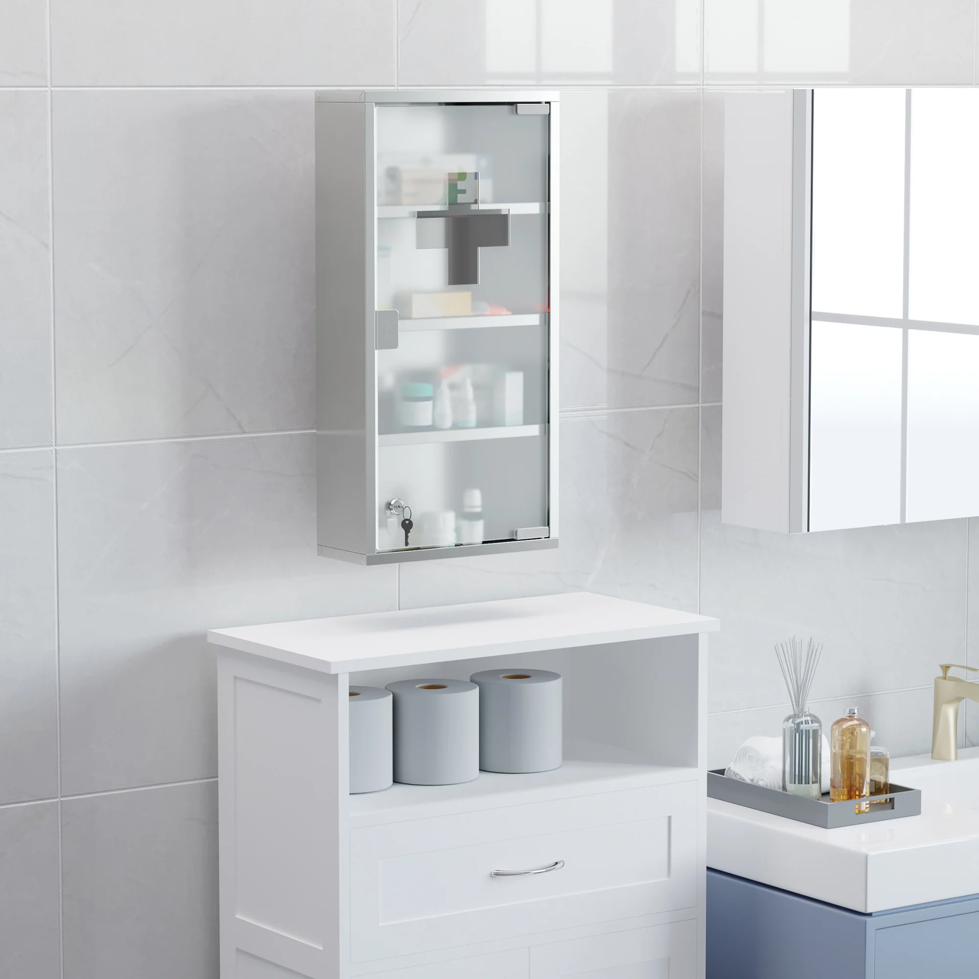 12" x 23.5" Wall Mount Medicine Cabinet, Bathroom Cabinet with 4 Tier Shelves, Silver - Image 3