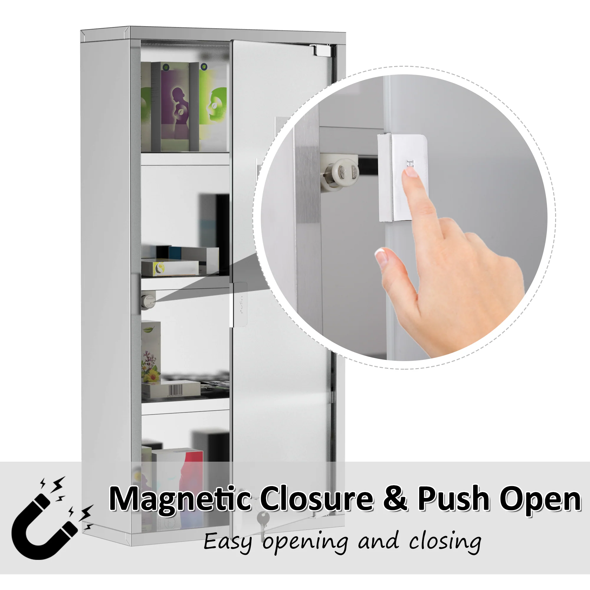 12" x 23.5" Wall Mount Medicine Cabinet, Bathroom Cabinet with 4 Tier Shelves, Silver - Image 6