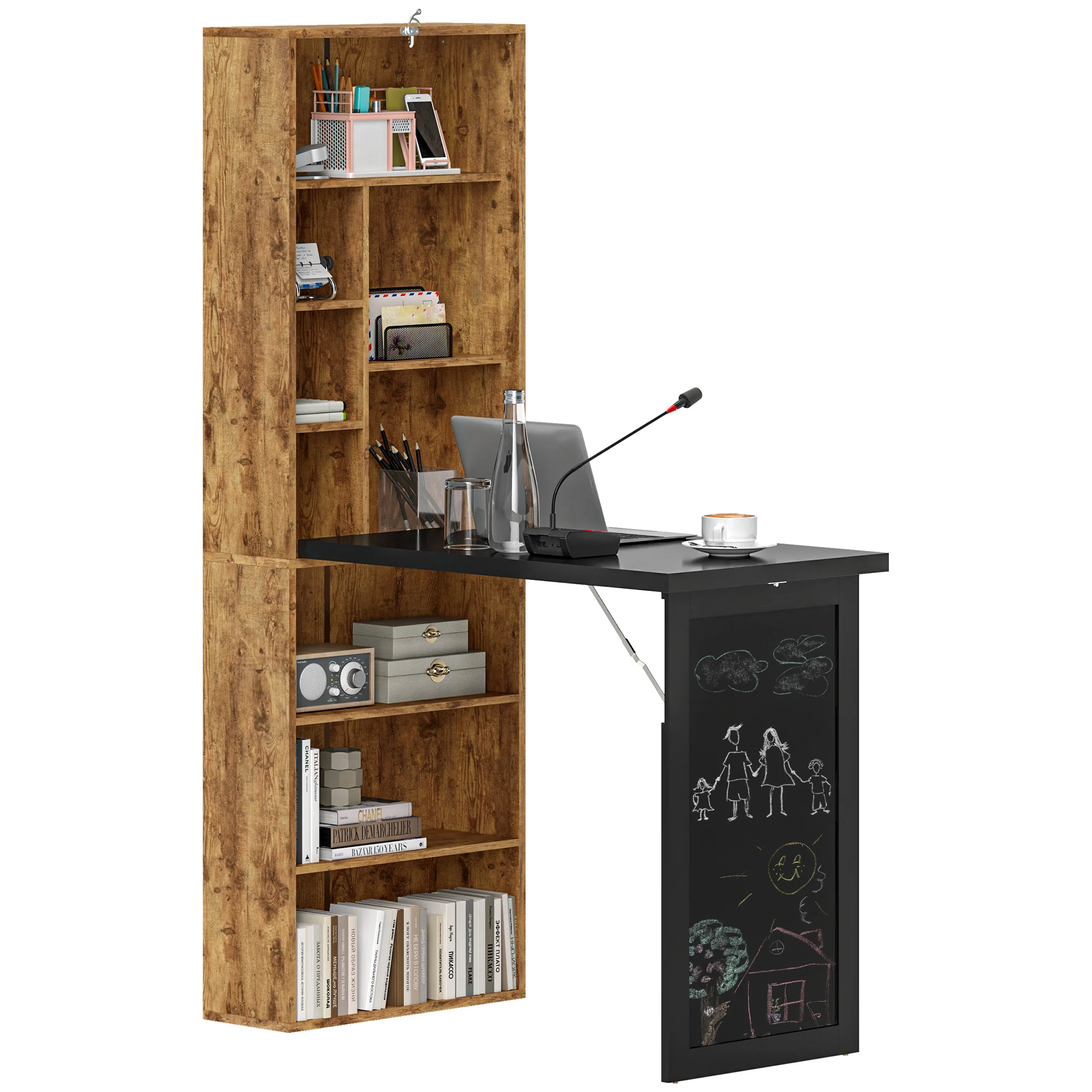 Wall Mounted Computer Desk, Folding Study Table with Black Board and Bookshelf, Rustic Brown - Image 2