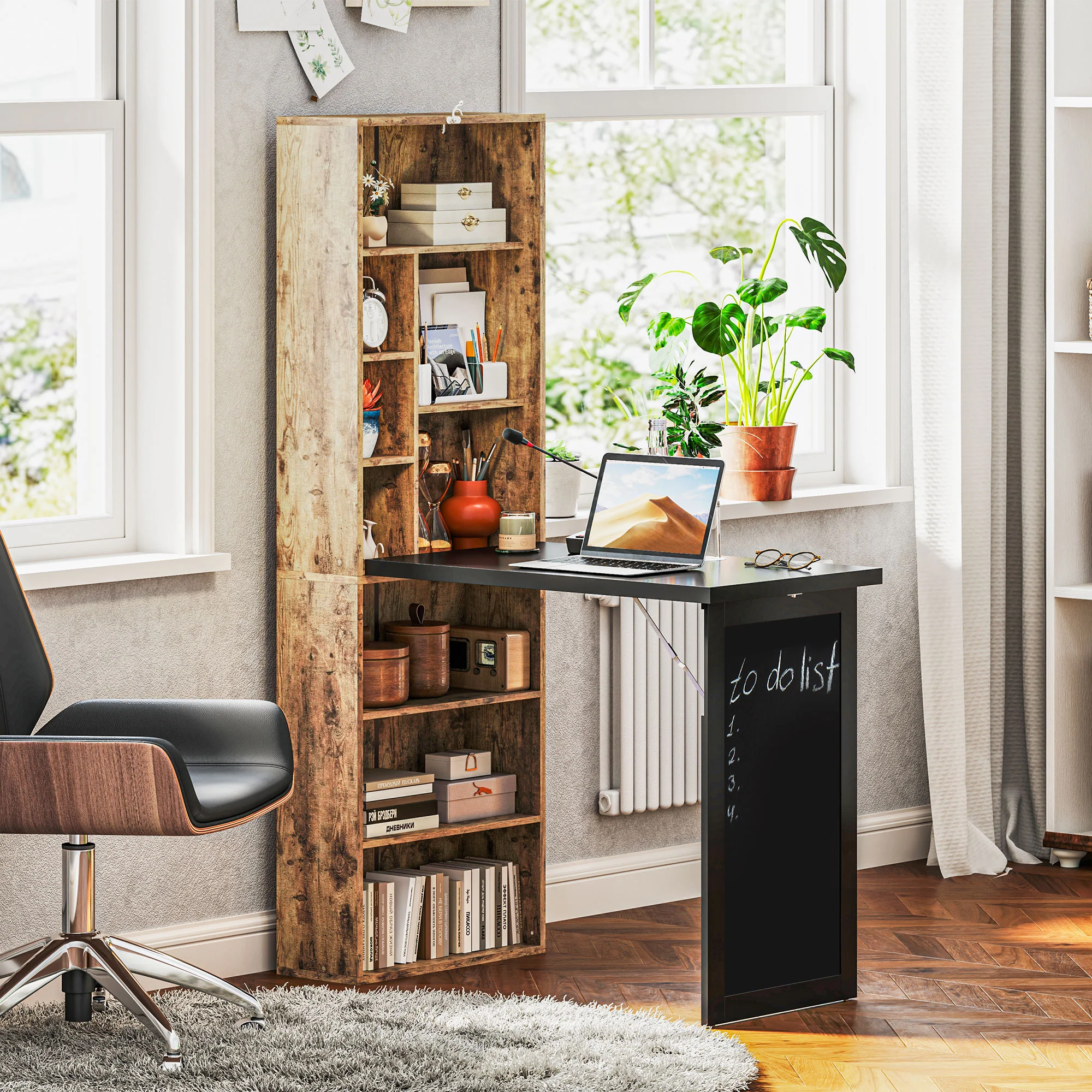 Wall Mounted Computer Desk, Folding Study Table with Black Board and Bookshelf, Rustic Brown - Image 3