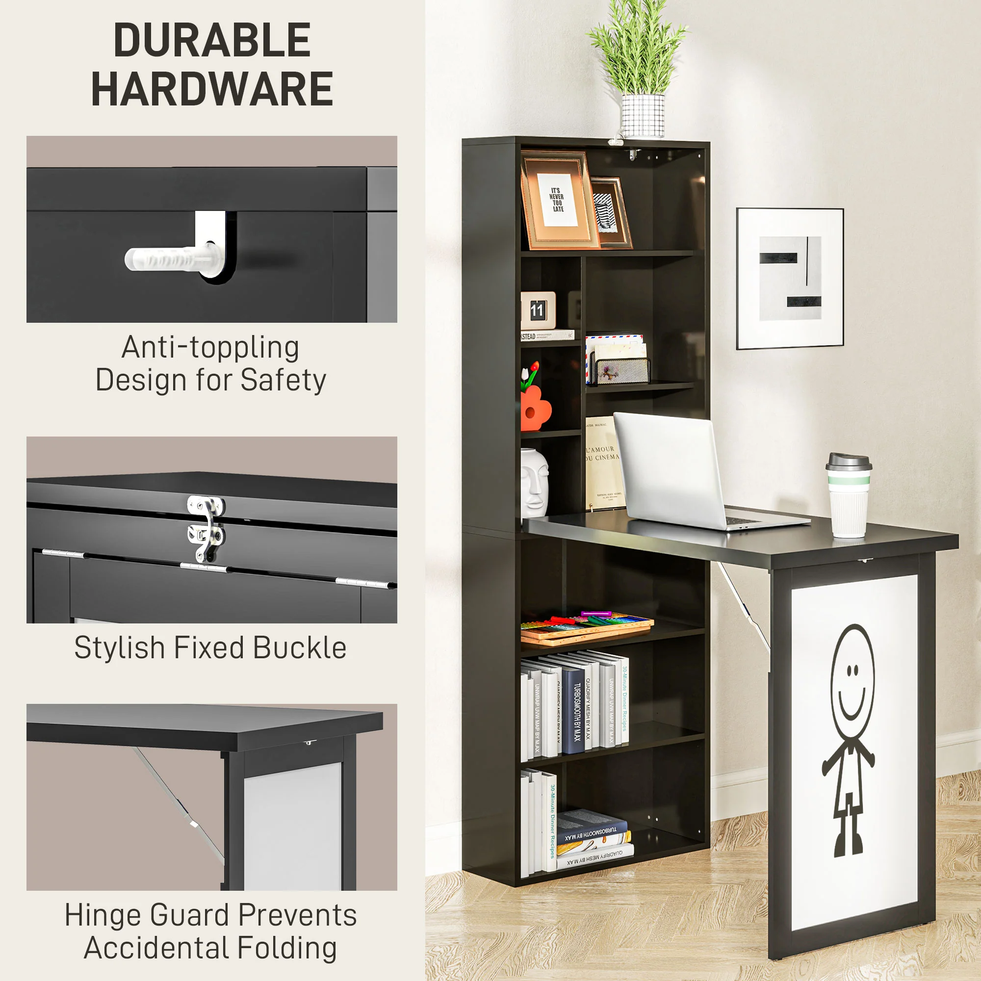 Wall Mounted Computer Desk, Folding Study Table with White Board and Bookshelf, Black - Image 6