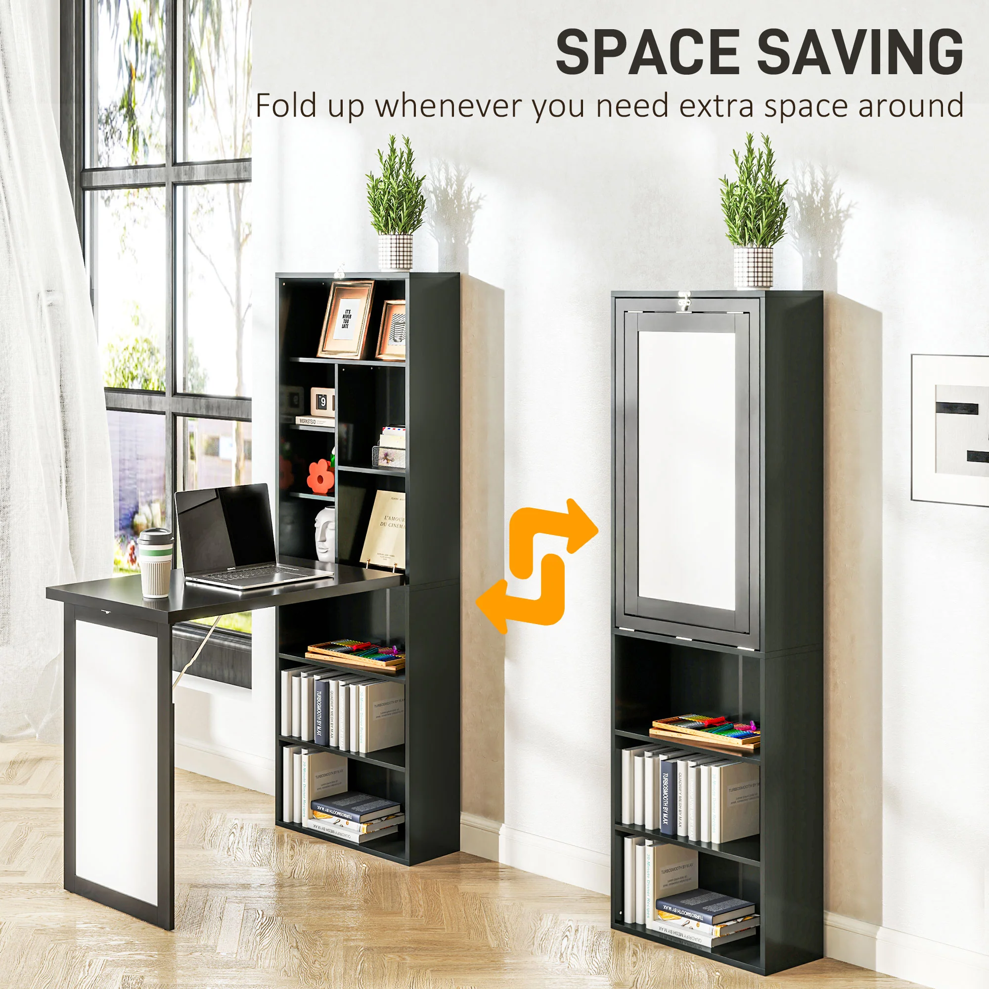 Wall Mounted Computer Desk, Folding Study Table with White Board and Bookshelf, Black - Image 8