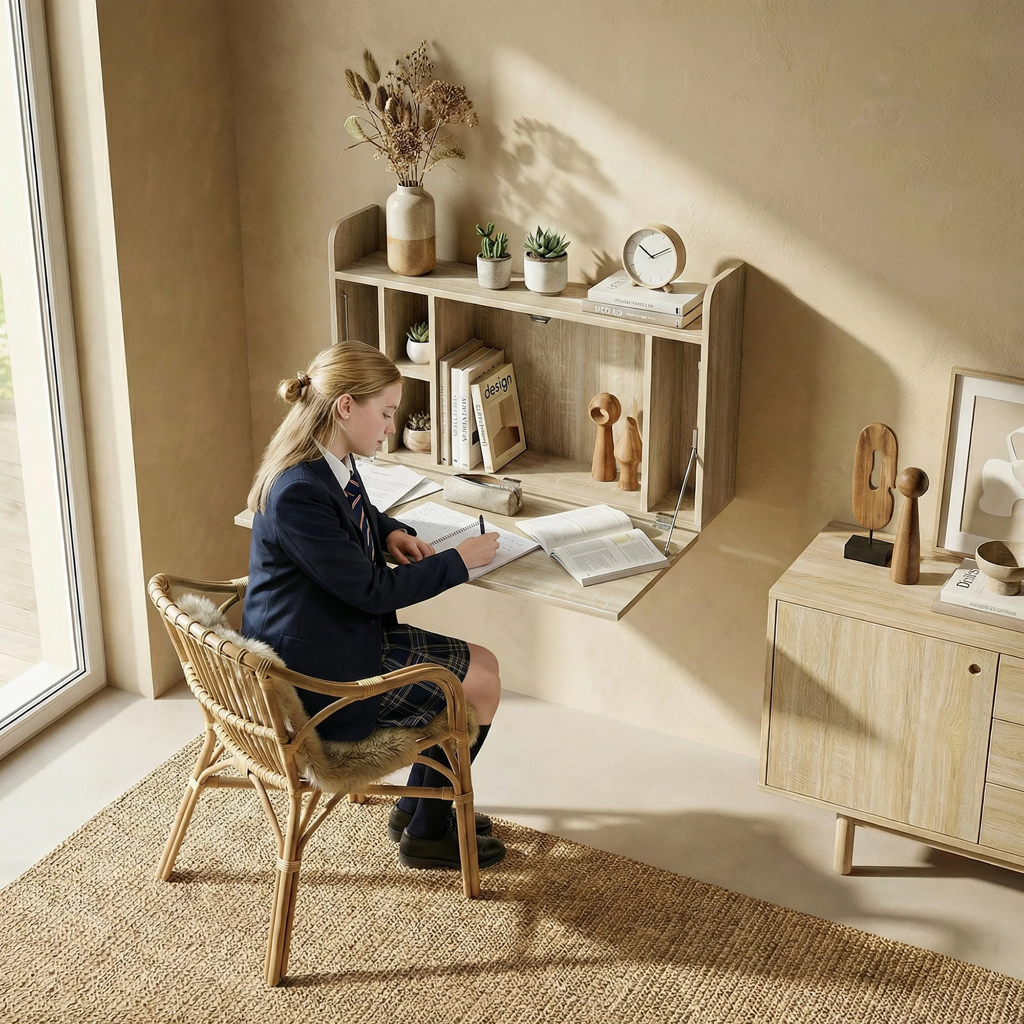 Wall Mounted Desk, Drop Leaf Floating Laptop Desk with Space Saving Storage Compartments for Home Office and Study, 77cm x 20cm x 51cm, Oak - Image 10