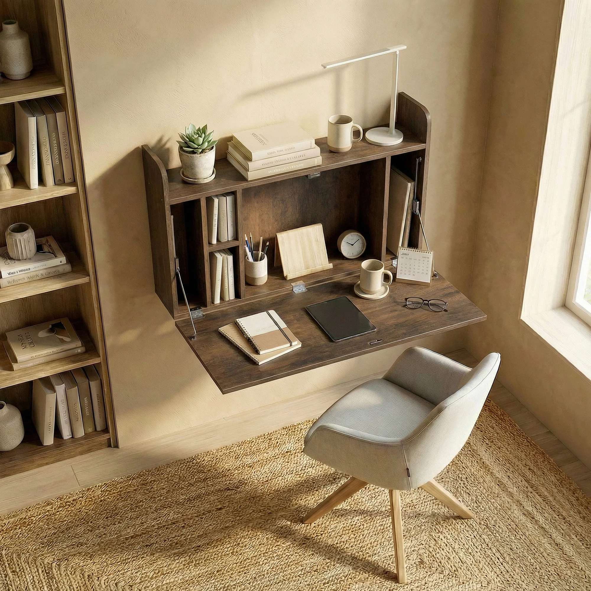 Wall Mounted Desk, Drop Leaf Floating Laptop Desk with Space Saving Storage Compartments for Home Office and Study, 77cm x 20cm x 51cm, Dark Brown - Image 9