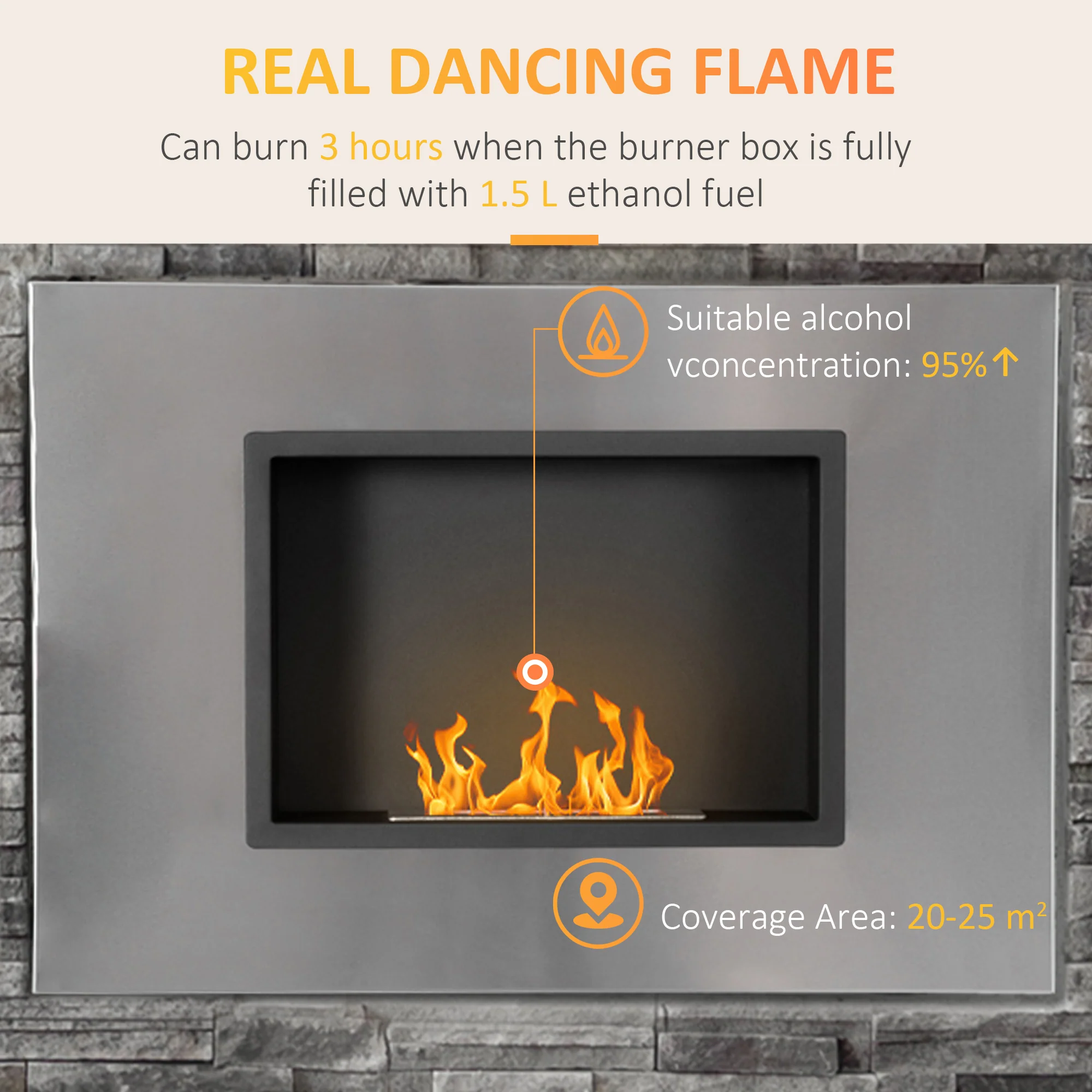 Wall Mounted Ethanol Fireplace with 1.2L Tank, 3 Hour Burning Time, Silver - Image 6