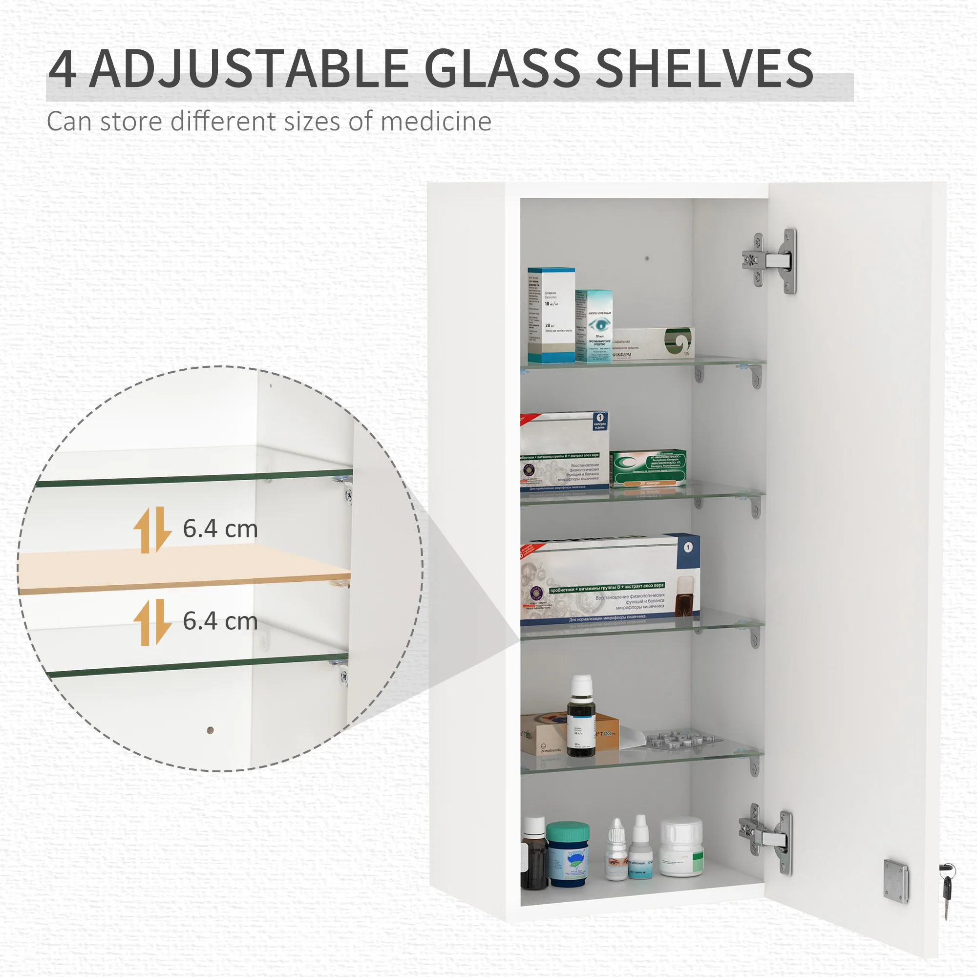 5-Tier Lockable Medicine Cabinet, Wall Mounted First Aid Unit with Adjustable Shelves, White - Image 6
