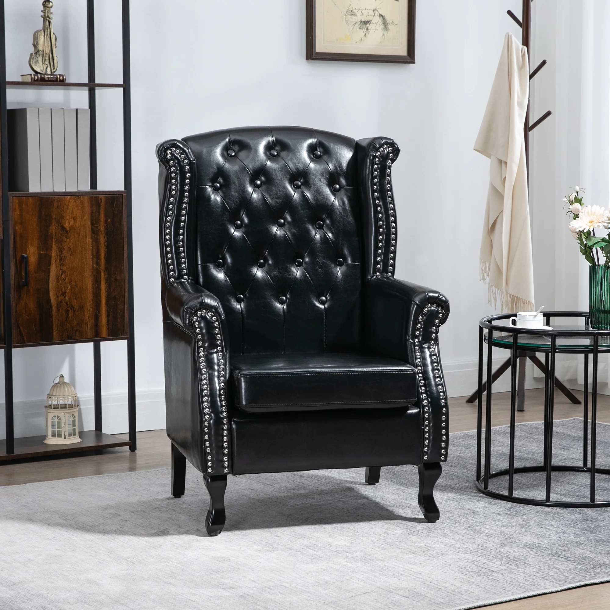 Chesterfield-style PU Leather Armchair, Button Tufted Accent Chair with Nailhead Trim, Black - Image 3