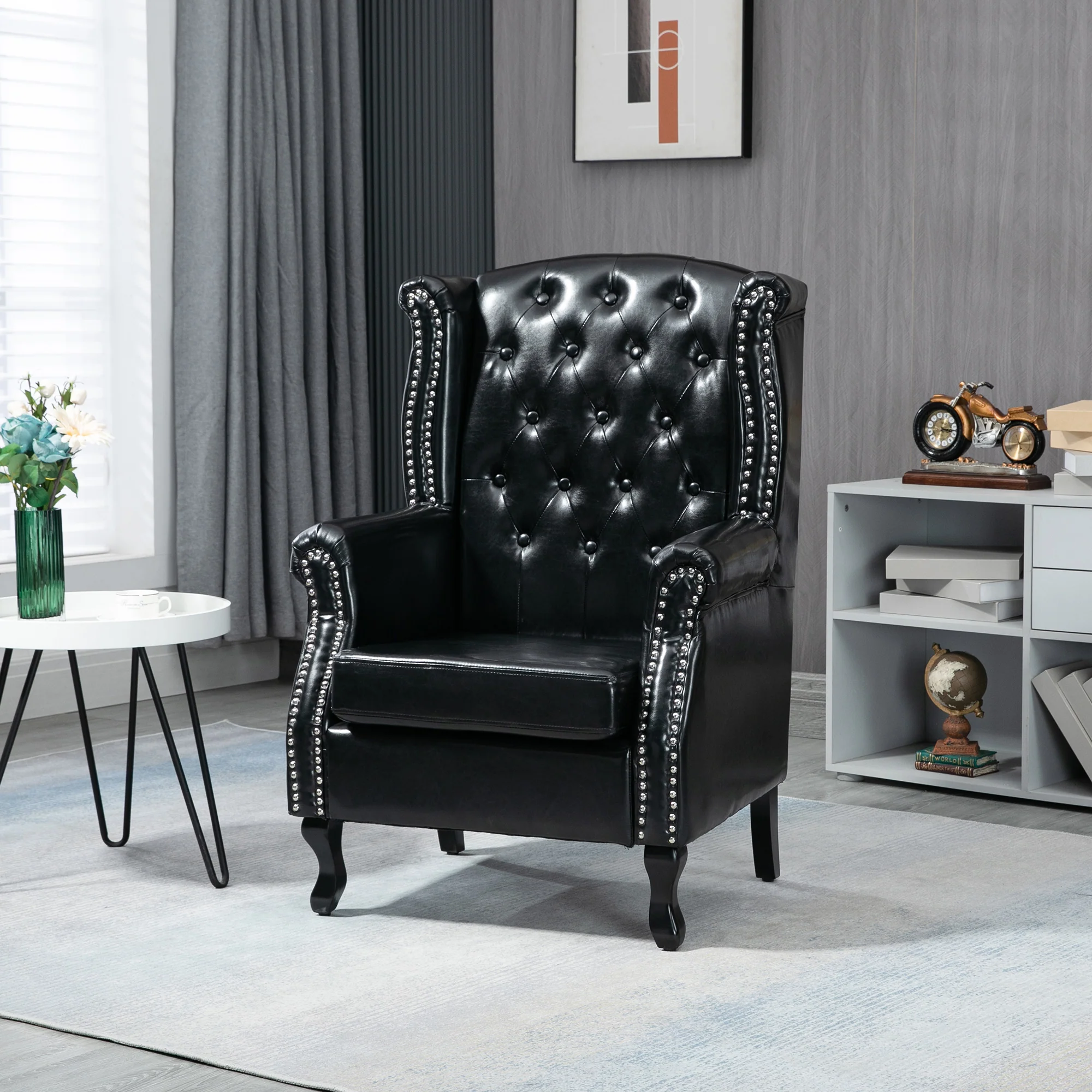 Chesterfield-style PU Leather Armchair, Button Tufted Accent Chair with Nailhead Trim, Black - Image 4