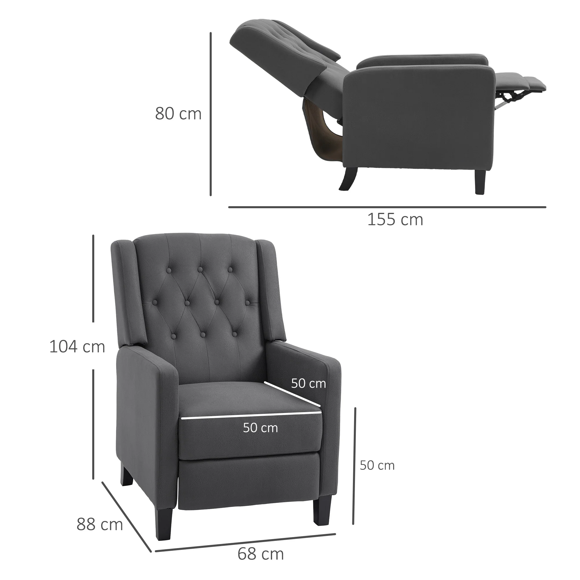 Microfibre Cloth Wingback Reclining Chair with Button Tufted & Leg Rest, Charcoal Grey - Image 5