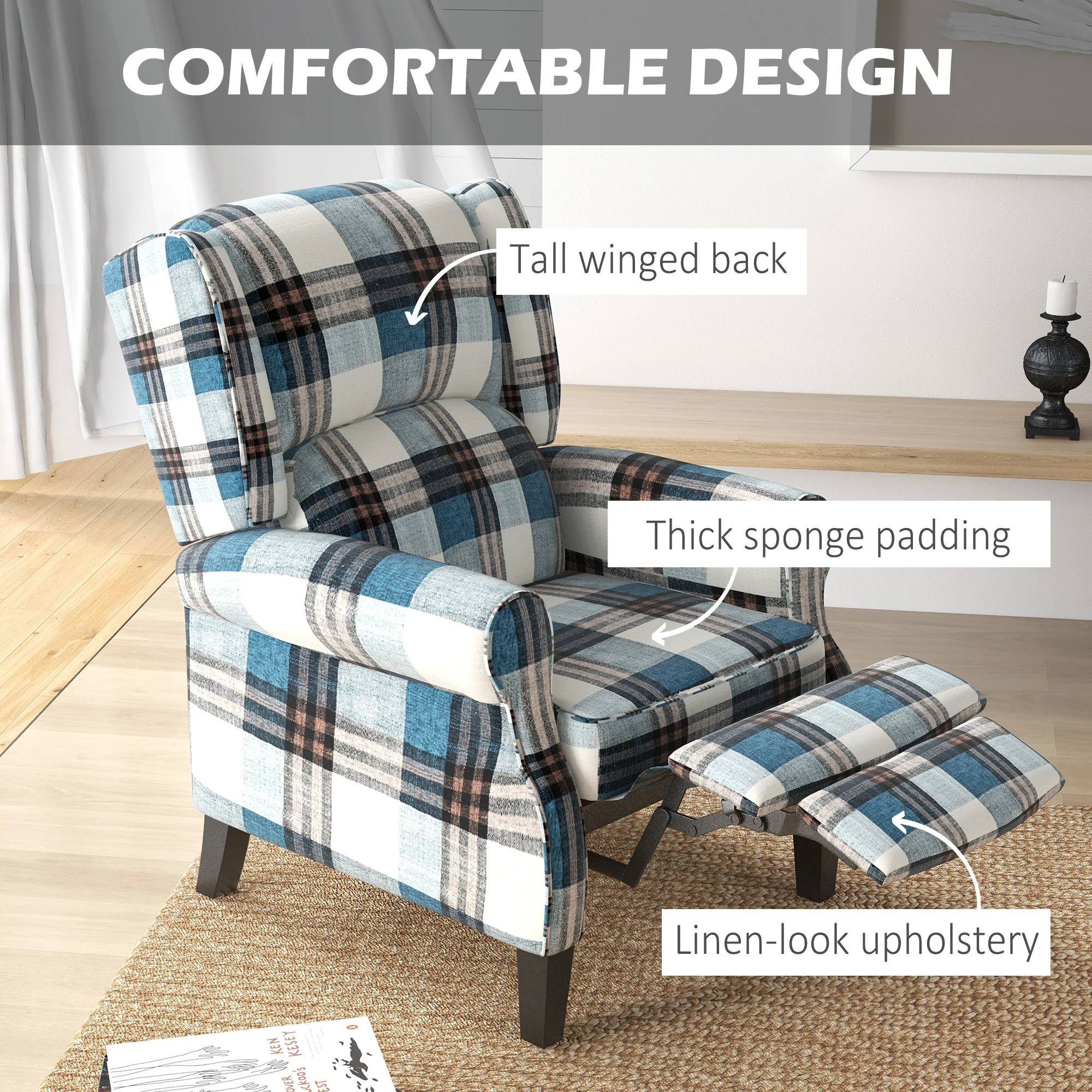Wingback Reclining Chair with Footrest & Round Armrests for Living Room, Blue - Image 7