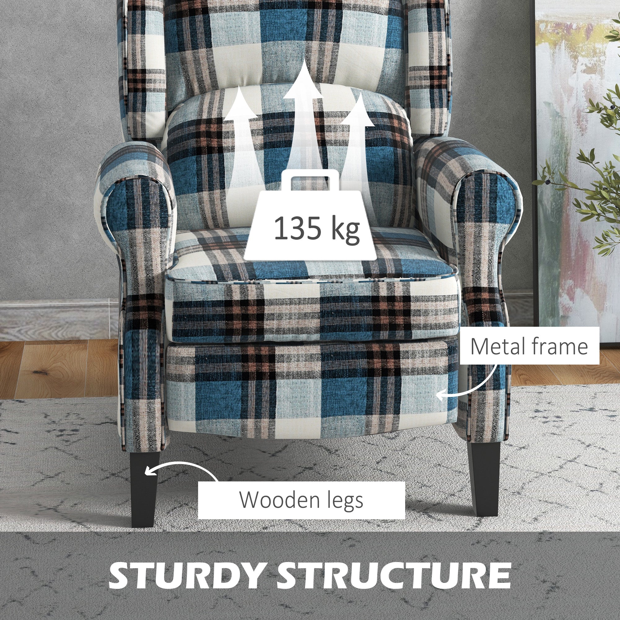 Wingback Reclining Chair with Footrest & Round Armrests for Living Room, Blue - Image 8